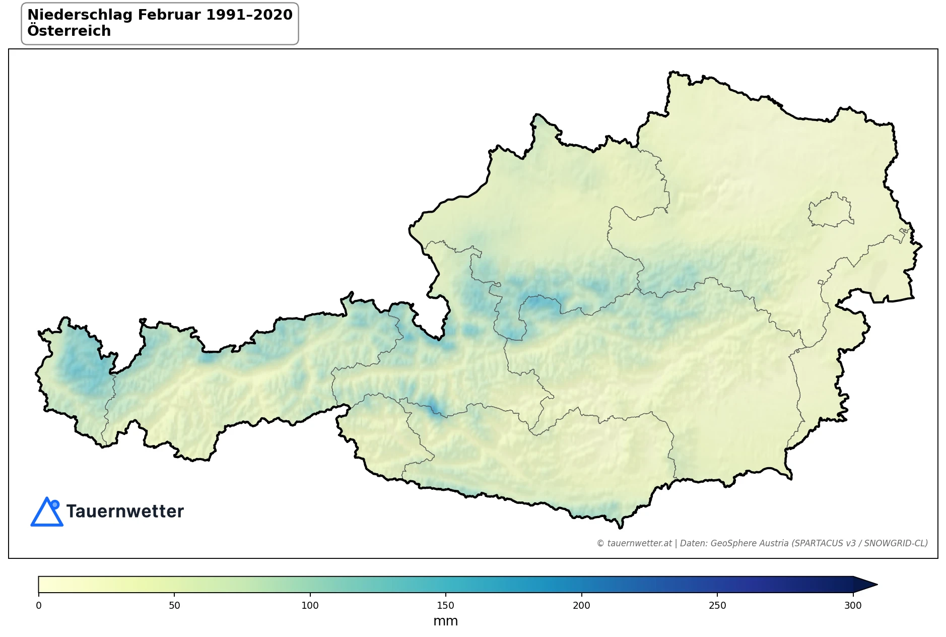 Klimakarte Niederschlagssumme, Februar 1991–2020 in Österreich