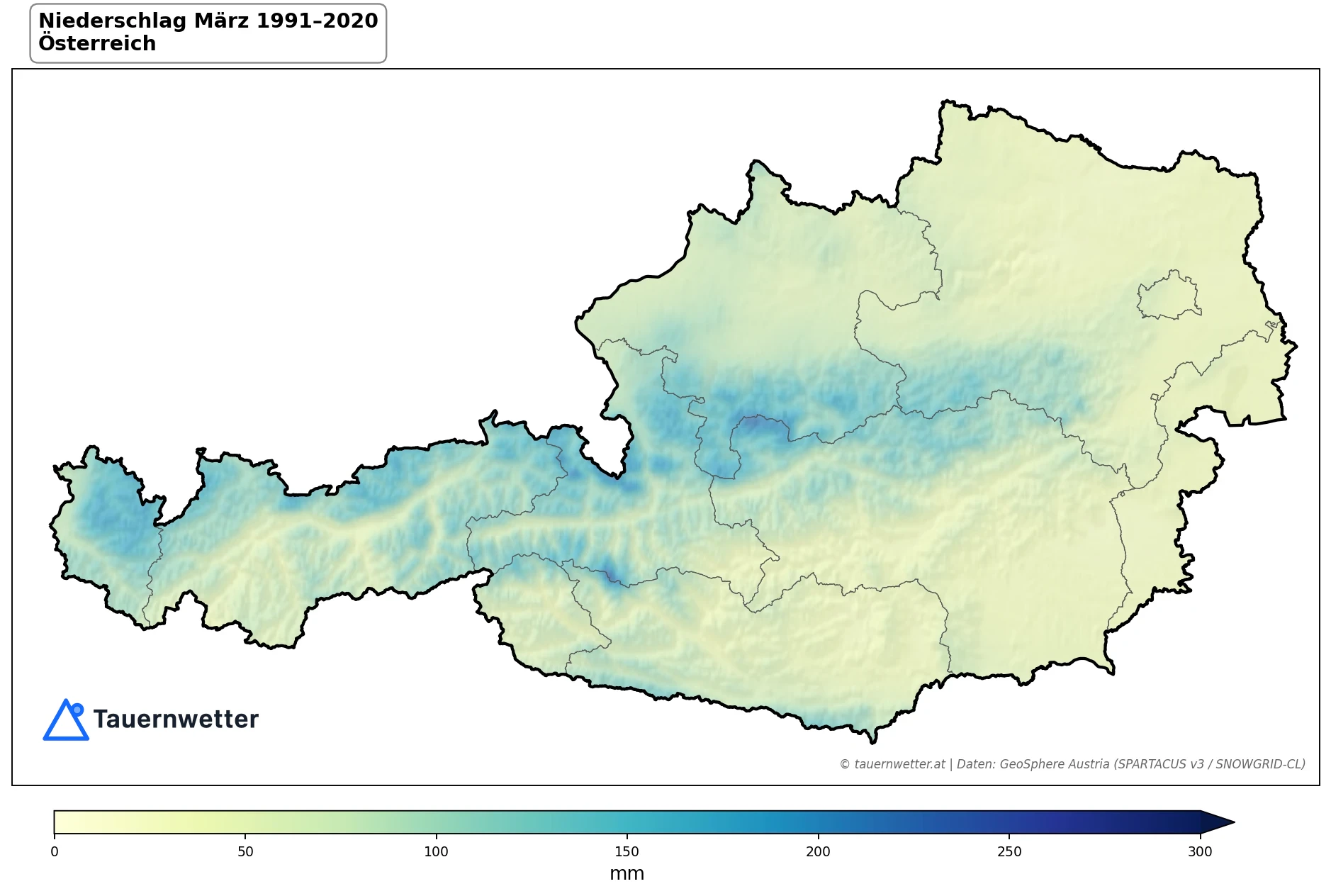 Klimakarte Niederschlagssumme, März 1991–2020 in Österreich