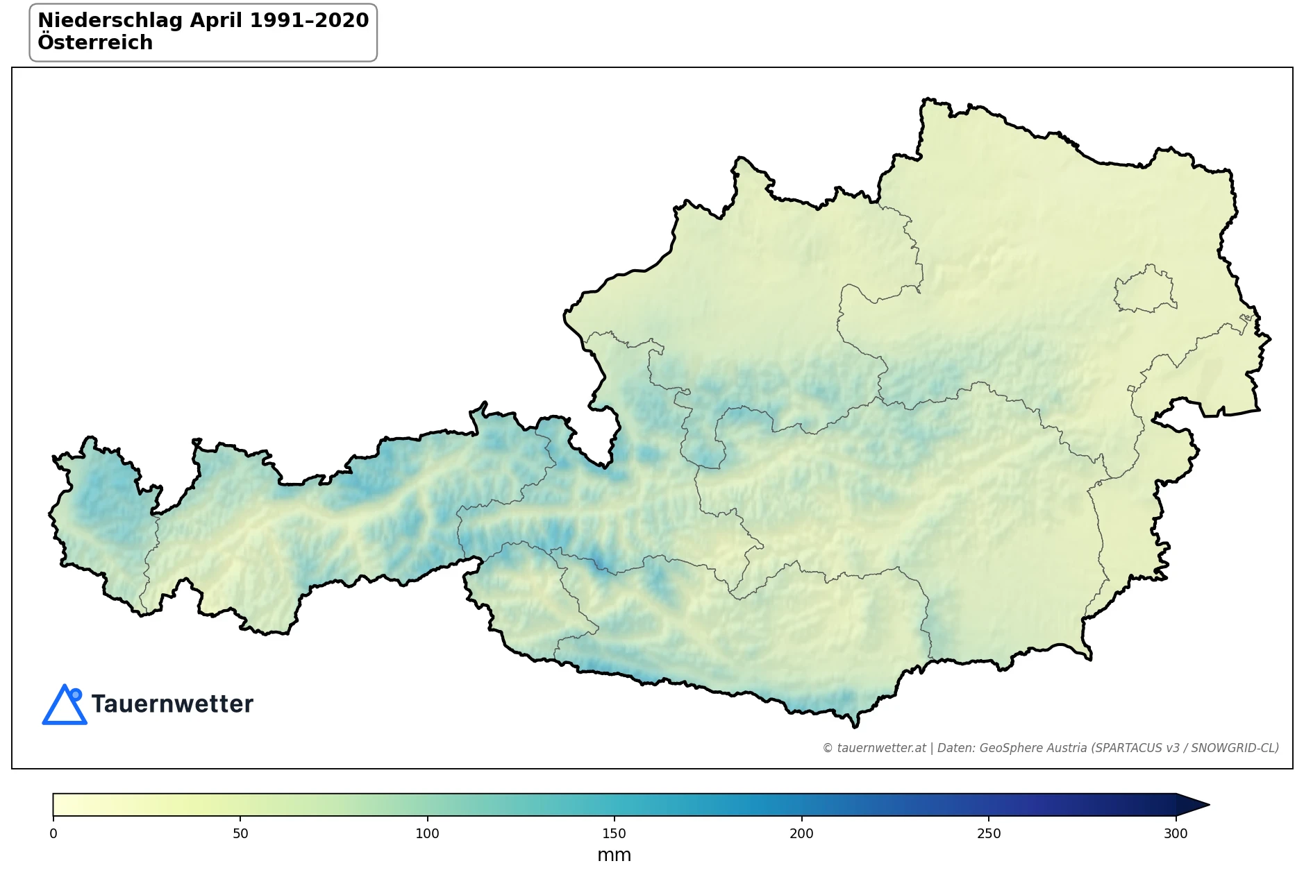 Klimakarte Niederschlagssumme, April 1991–2020 in Österreich