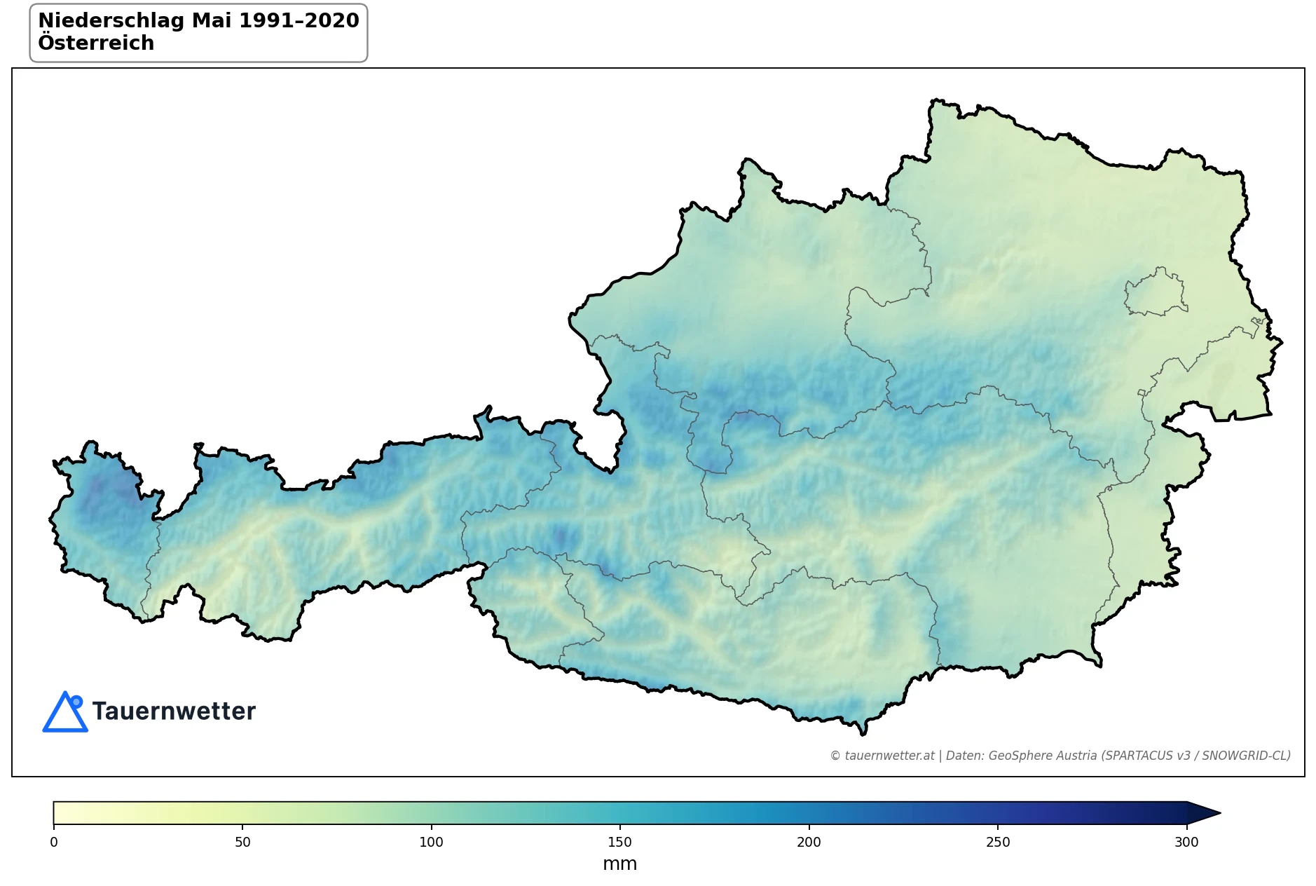 Klimakarte Niederschlagssumme, Mai 1991–2020 in Österreich