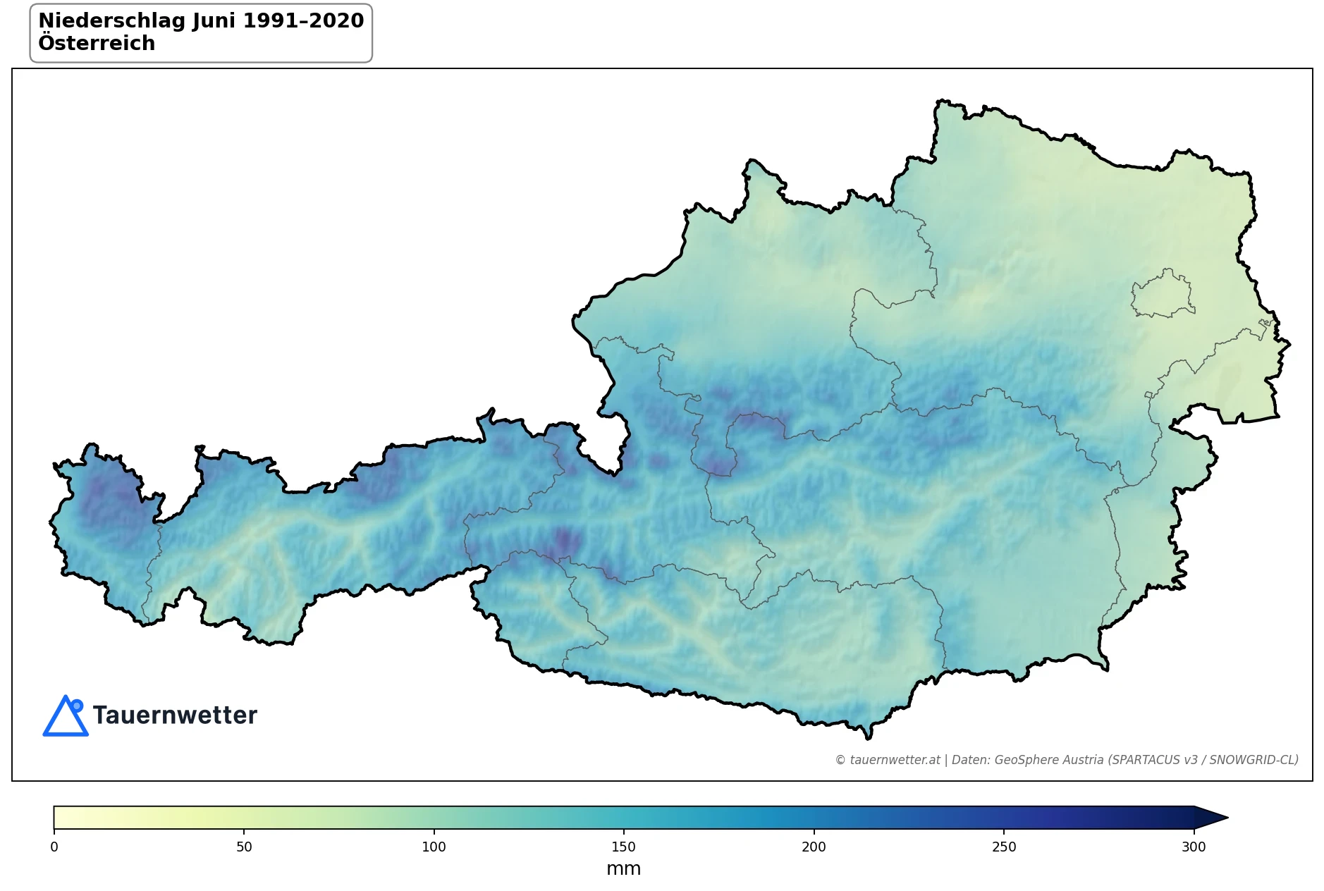 Klimakarte Niederschlagssumme, Juni 1991–2020 in Österreich
