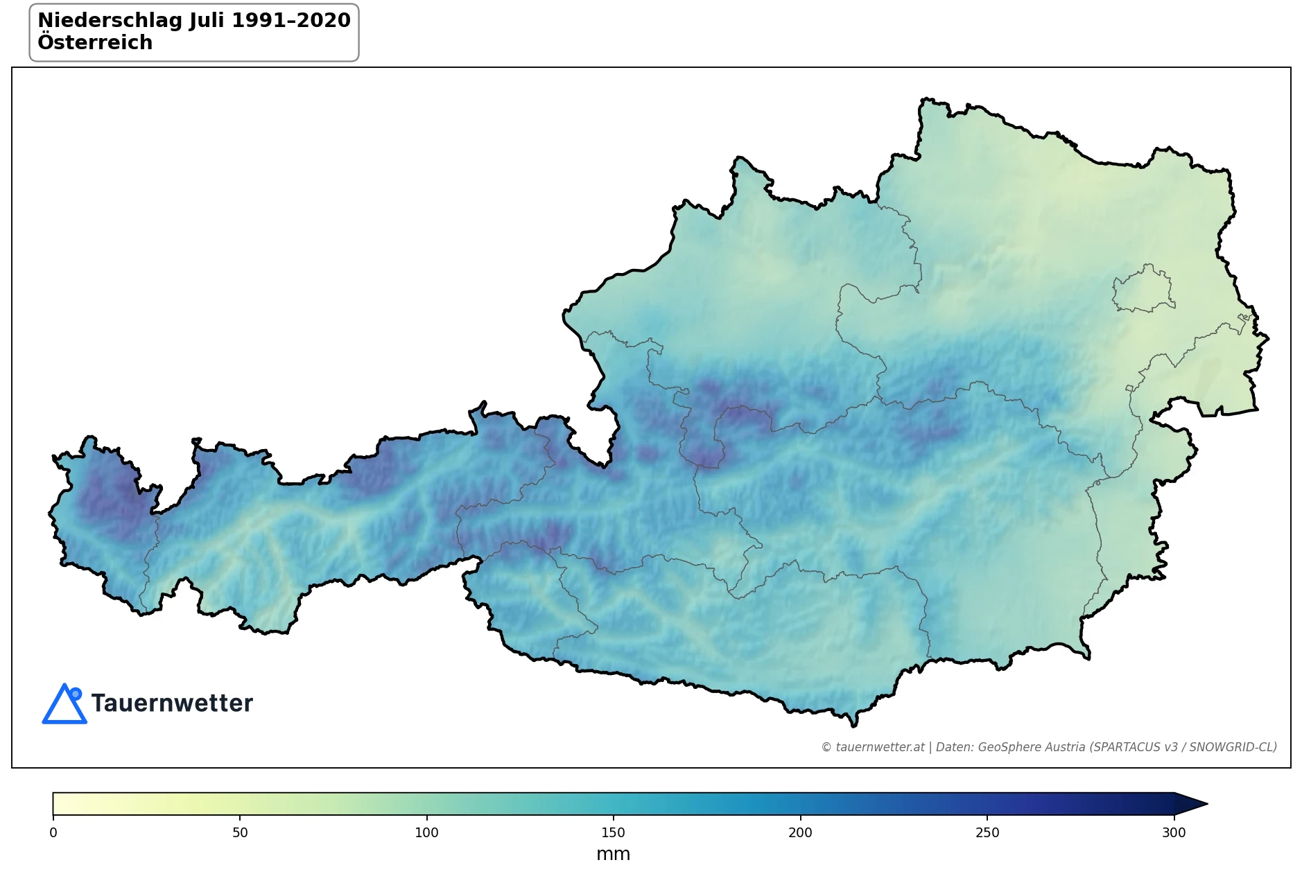 Klimakarte Niederschlagssumme, Juli 1991–2020 in Österreich