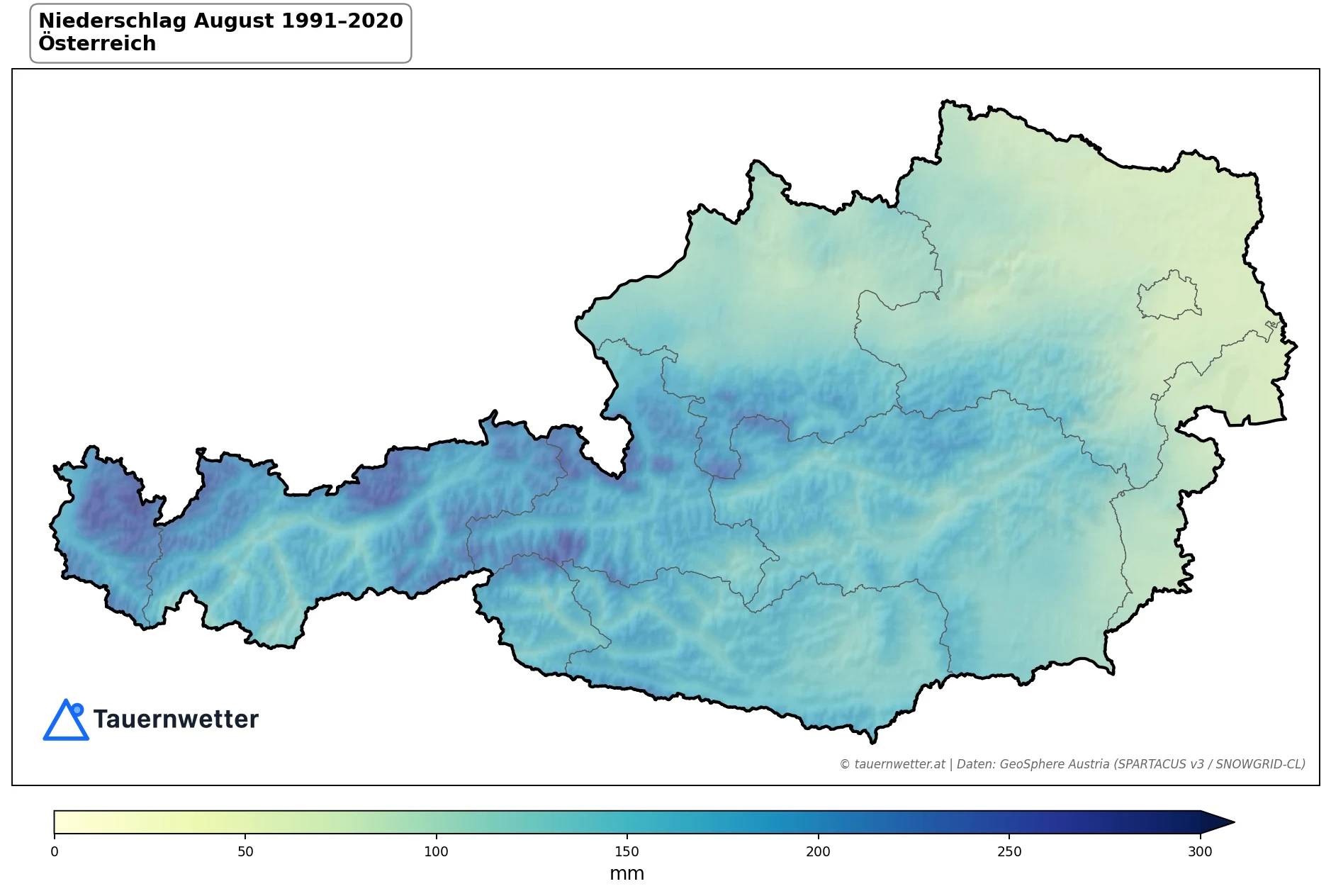 Klimakarte Niederschlagssumme, August 1991–2020 in Österreich