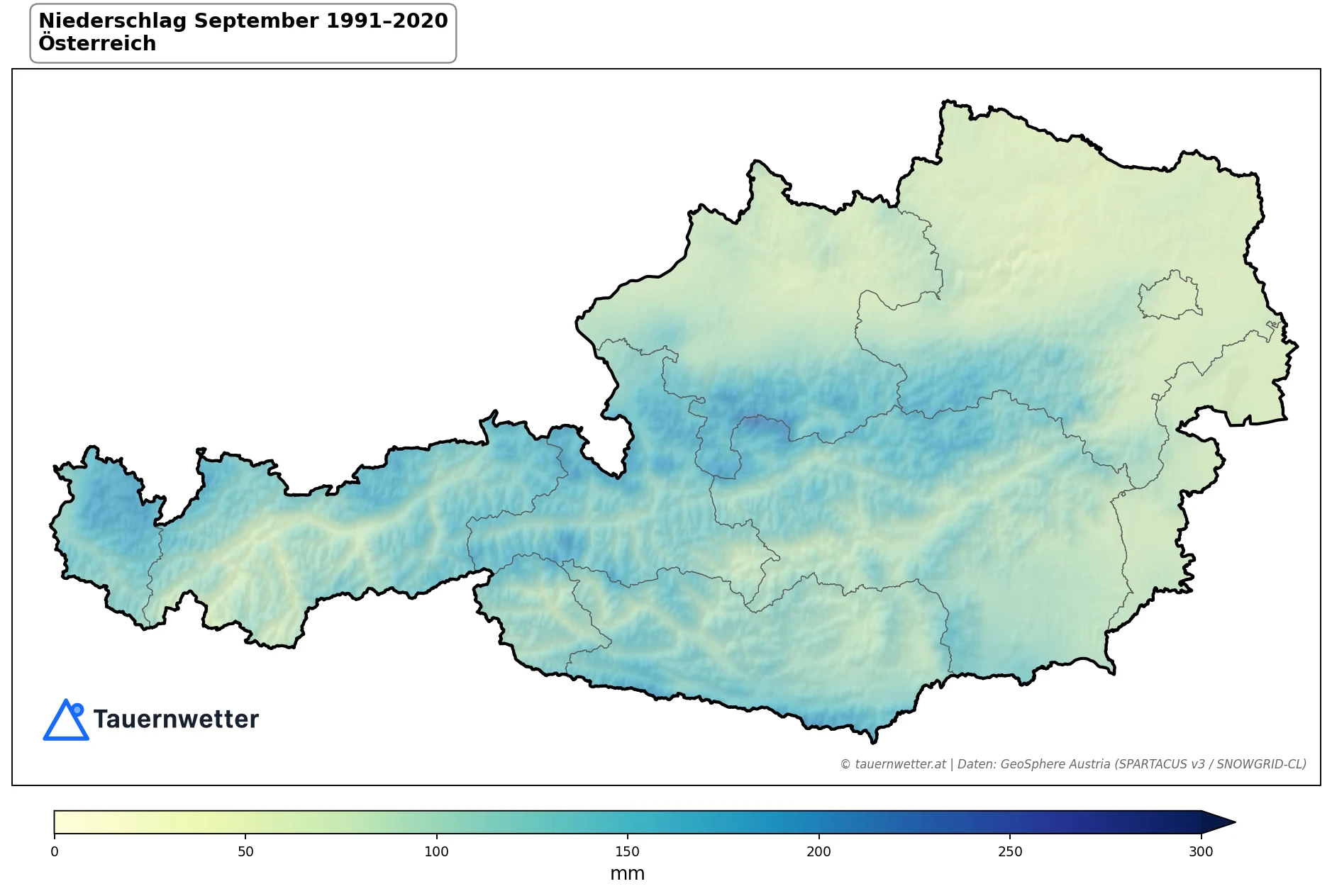 Klimakarte Niederschlagssumme, September 1991–2020 in Österreich