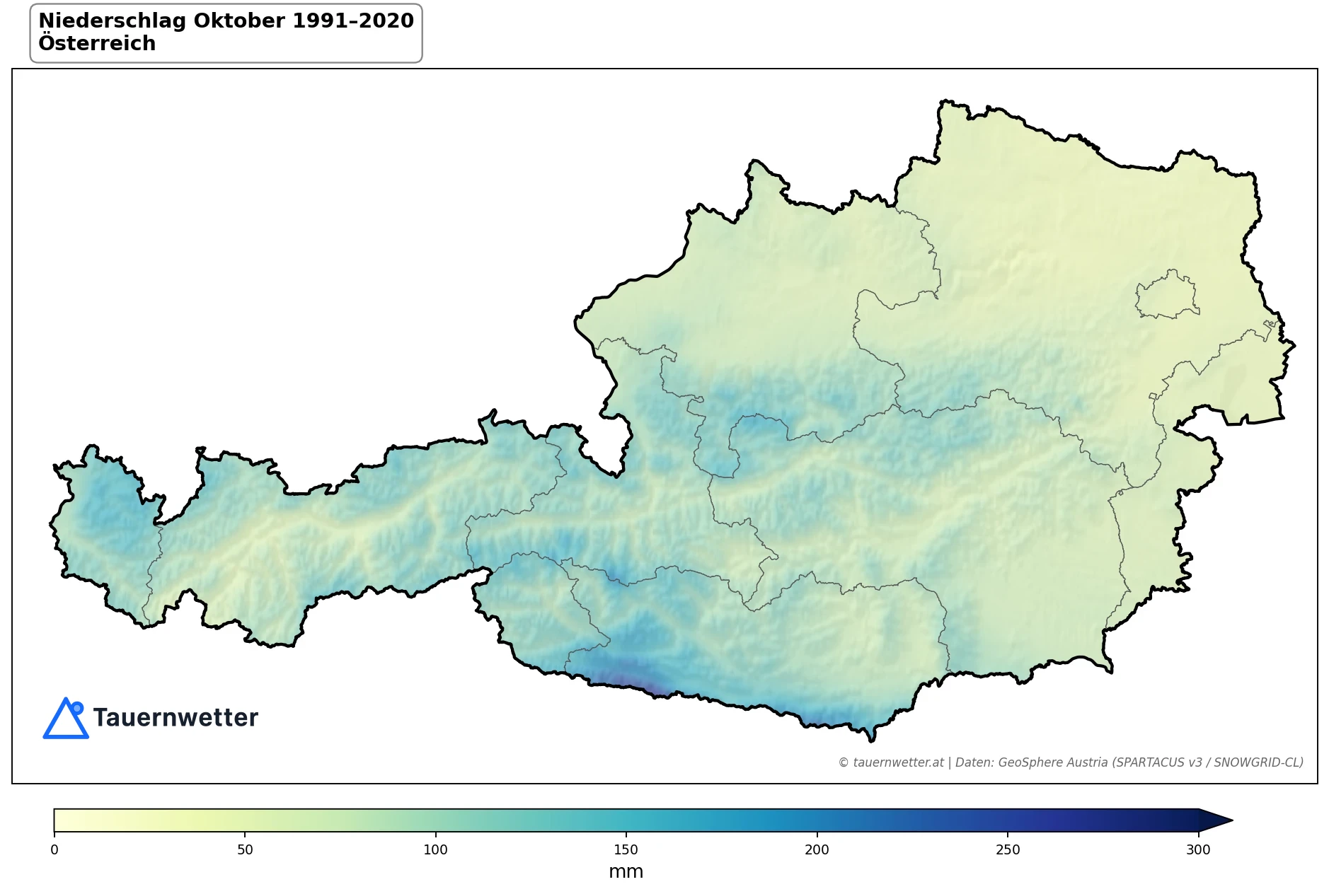 Klimakarte Niederschlagssumme, Oktober 1991–2020 in Österreich