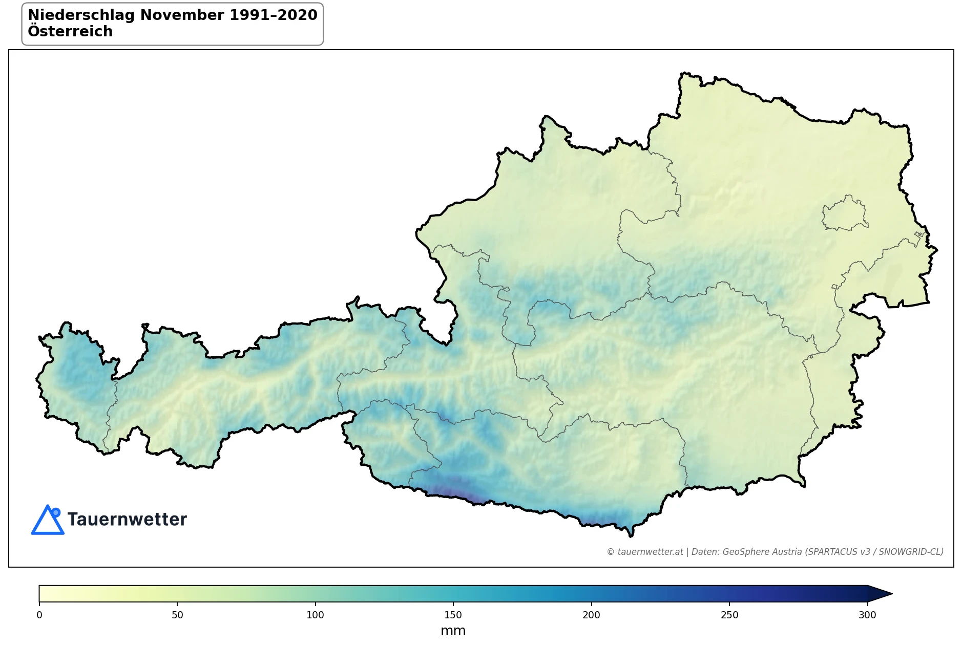 Klimakarte Niederschlagssumme, November 1991–2020 in Österreich