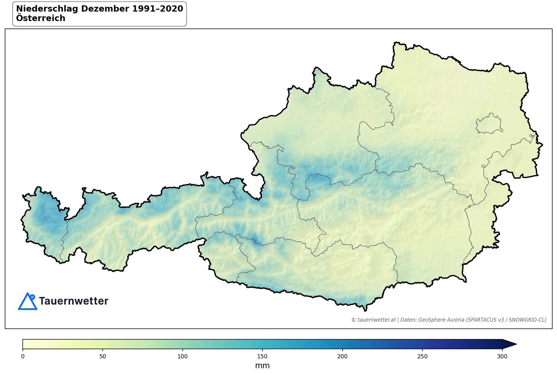 Klimakarte Niederschlagssumme, Dezember 1991–2020 in Österreich