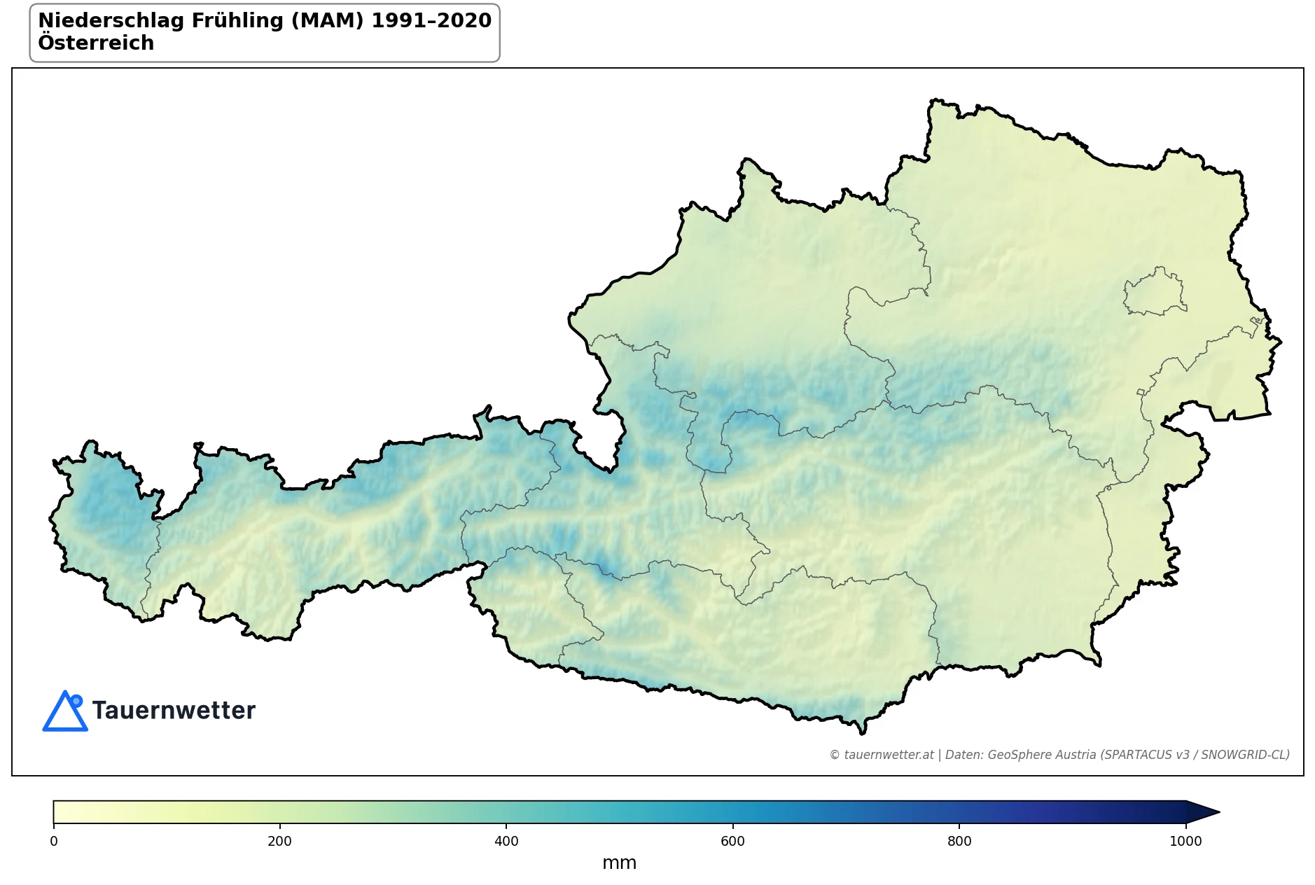 Klimakarte Niederschlagssumme, Frühling (MAM) 1991–2020 in Österreich