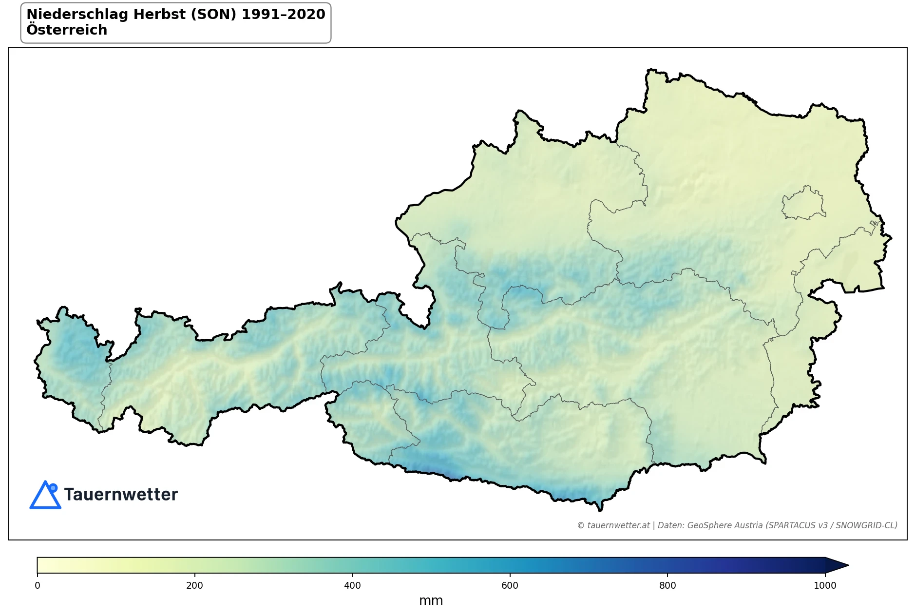 Klimakarte Niederschlagssumme, Herbst (SON) 1991–2020 in Österreich
