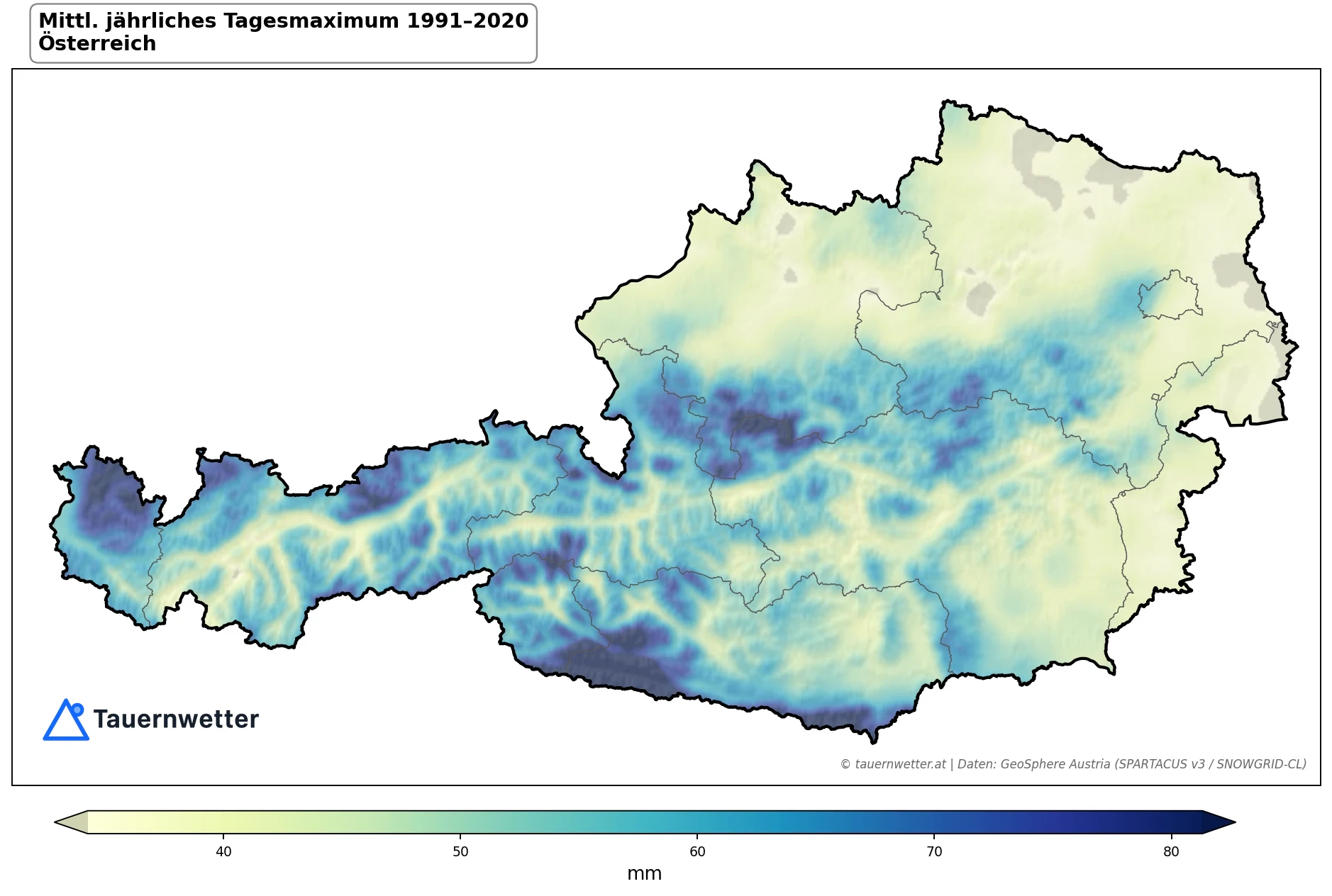 Klimakarte Mittl. jährliches Tagesmaximum, Jahr 1991–2020 in Österreich