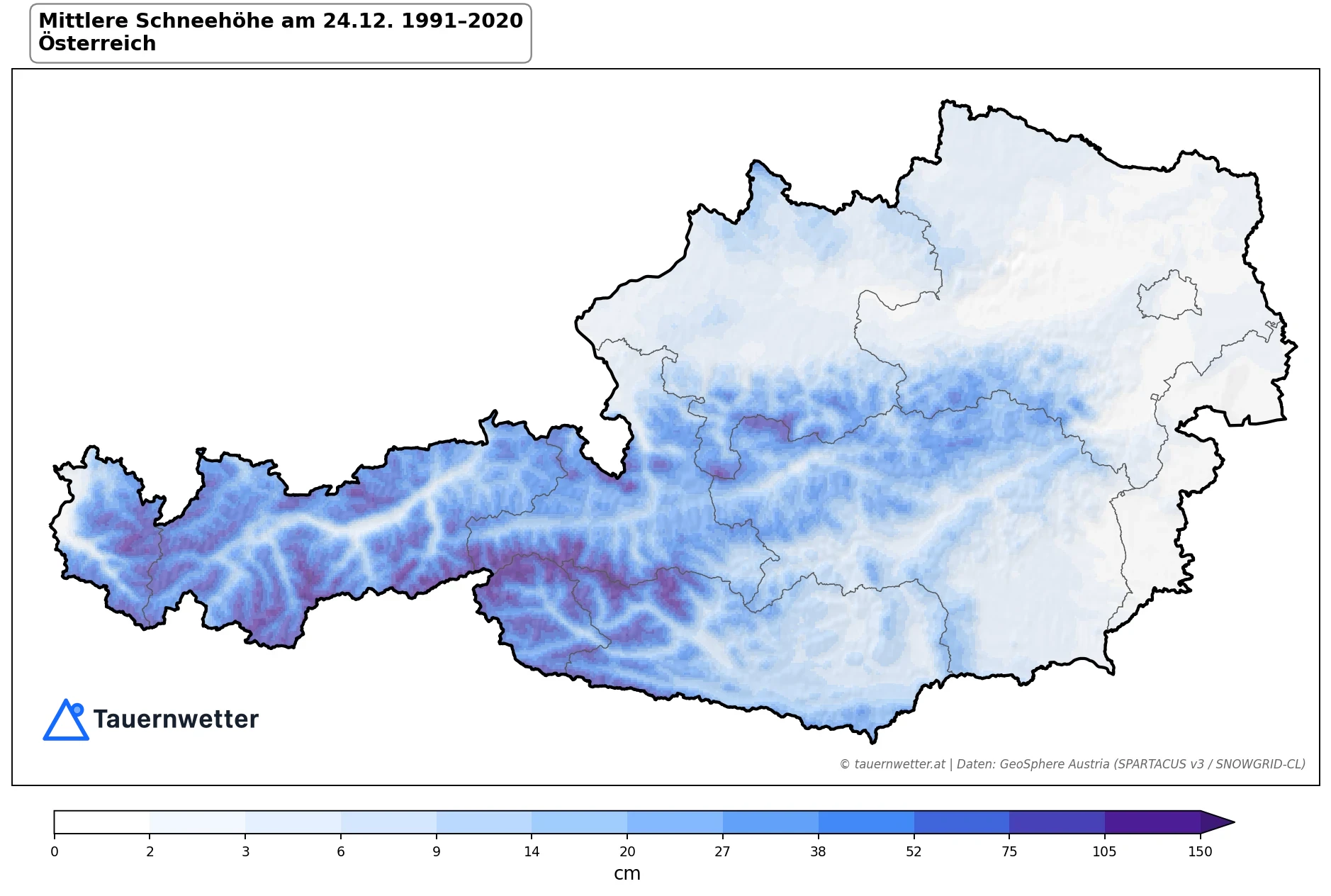 Klimakarte Schneehöhe am 24.12., Jahr 1991–2020 in Österreich