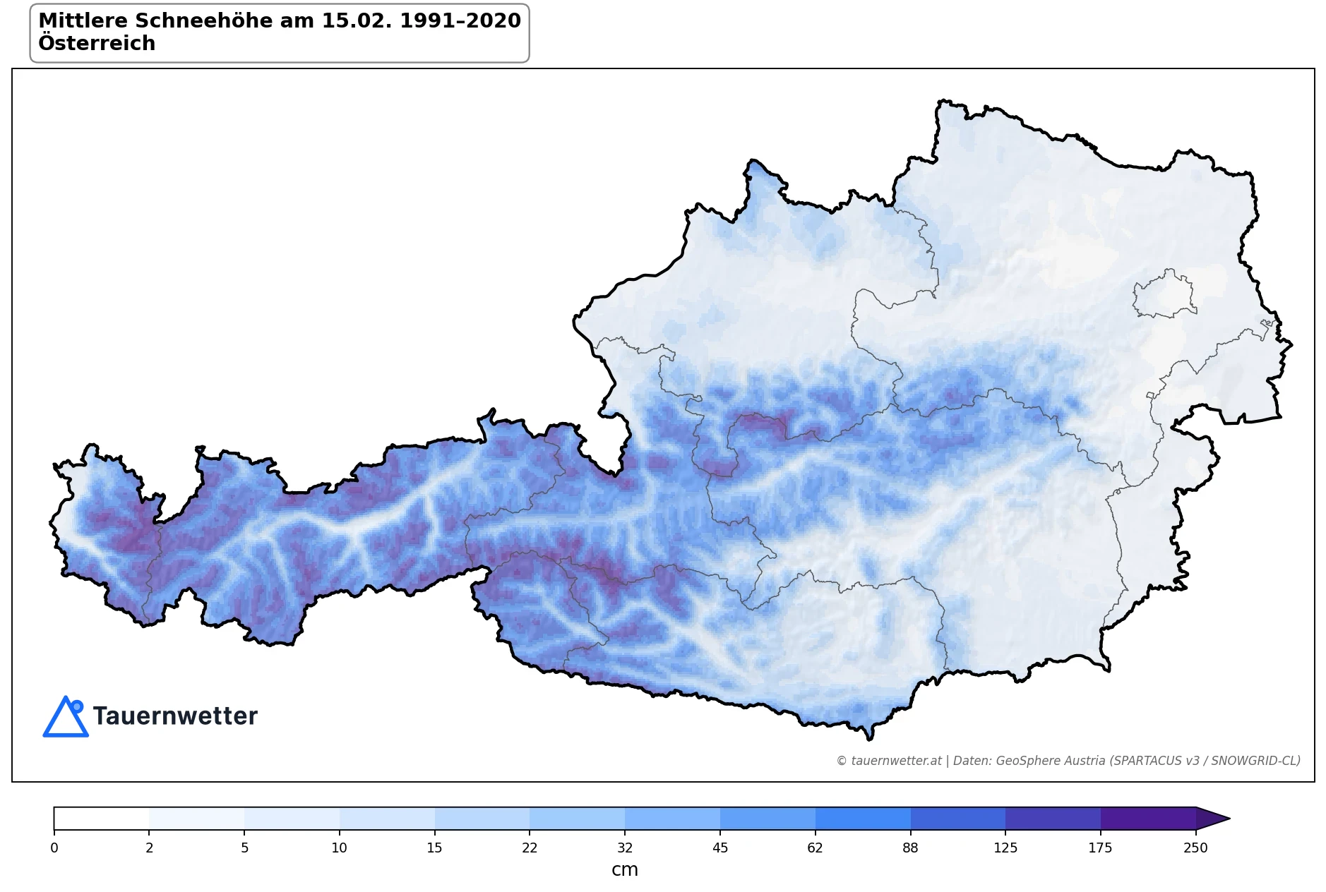 Klimakarte Schneehöhe am 15.02., Jahr 1991–2020 in Österreich