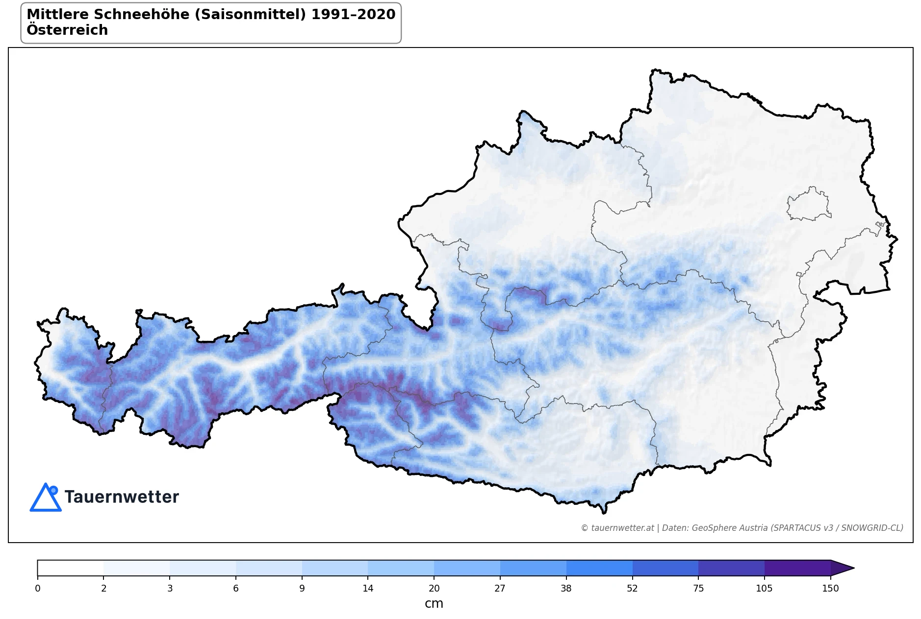 Klimakarte Mittlere Schneehöhe (Saisonmittel), Jahr 1991–2020 in Österreich