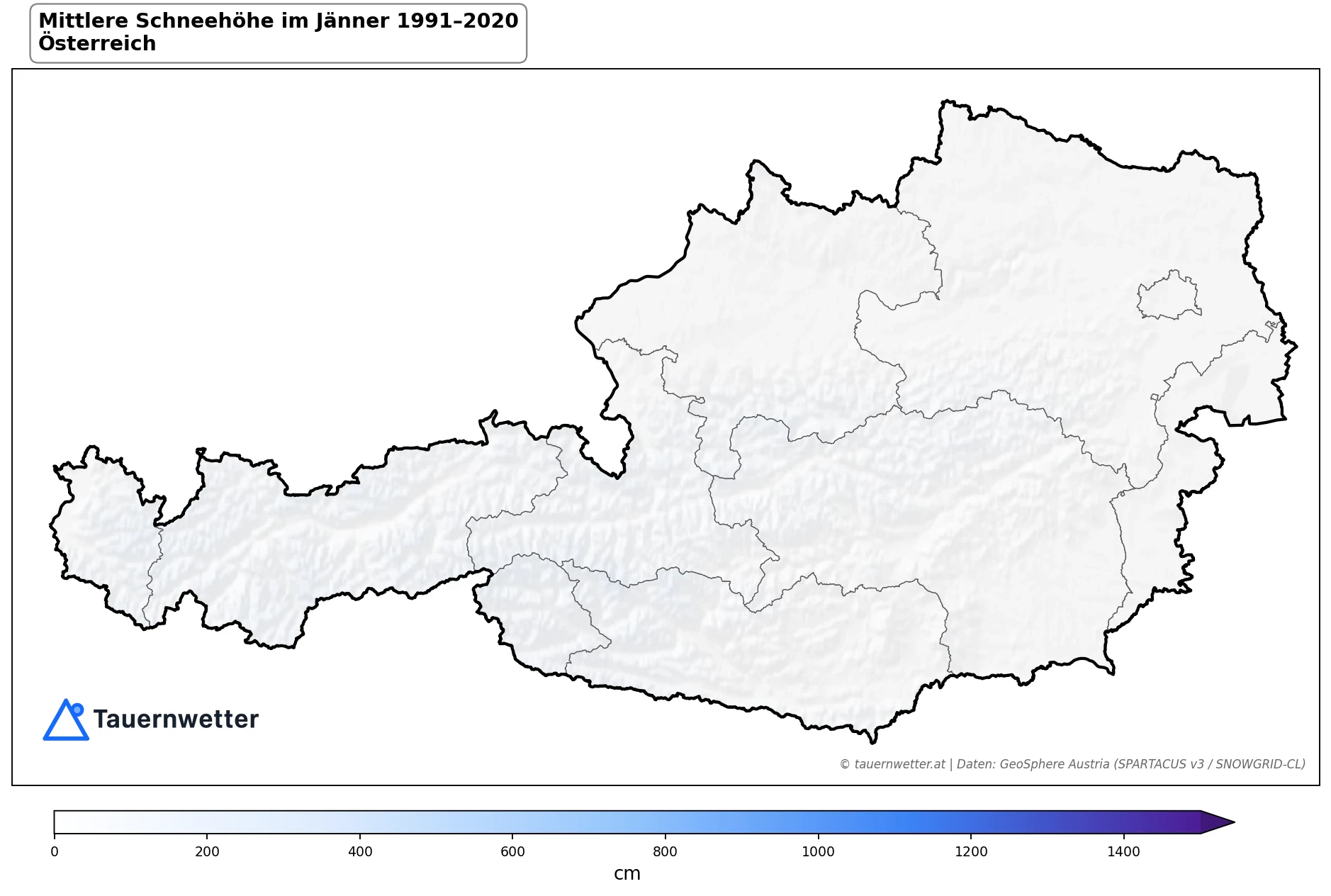 Klimakarte Mittlere Schneehöhe (Saisonmittel), Jänner 1991–2020 in Österreich