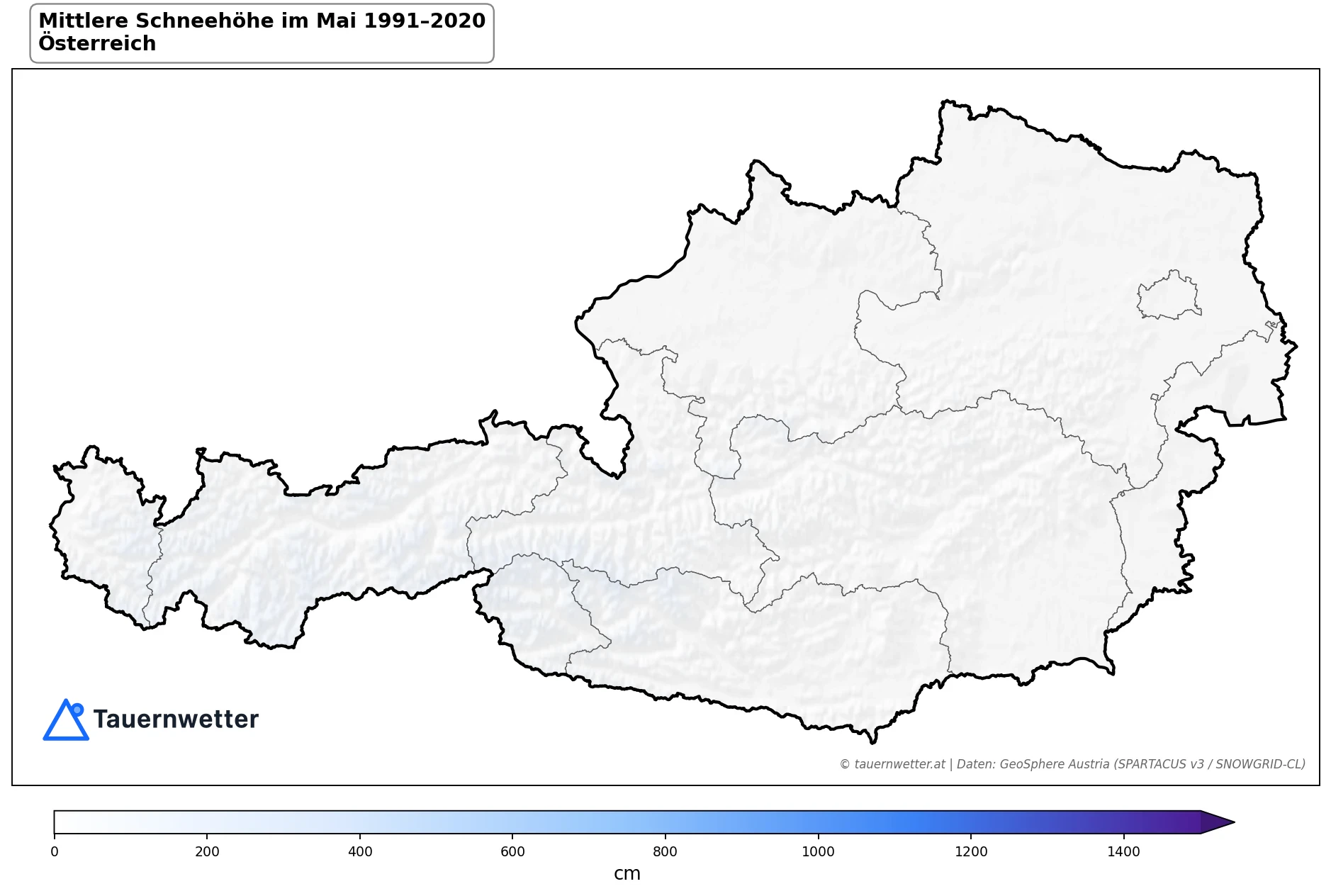 Klimakarte Mittlere Schneehöhe (Saisonmittel), Mai 1991–2020 in Österreich