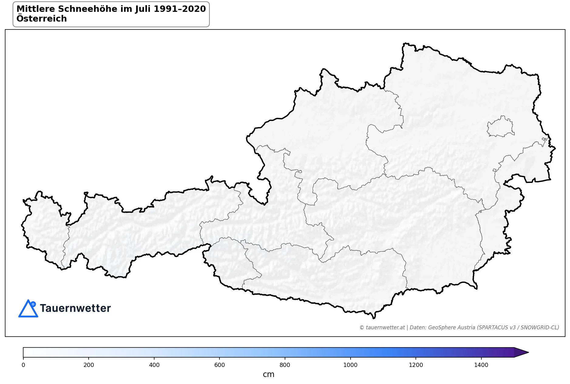 Klimakarte Mittlere Schneehöhe (Saisonmittel), Juli 1991–2020 in Österreich