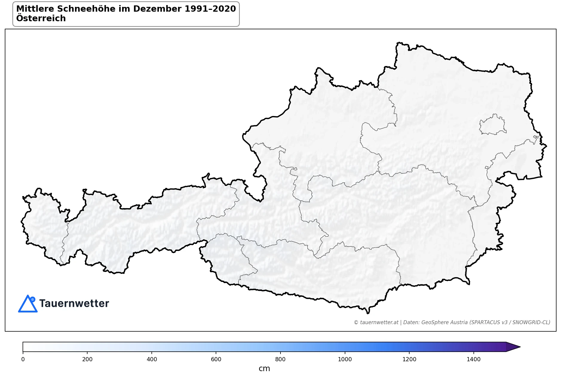 Klimakarte Mittlere Schneehöhe (Saisonmittel), Dezember 1991–2020 in Österreich