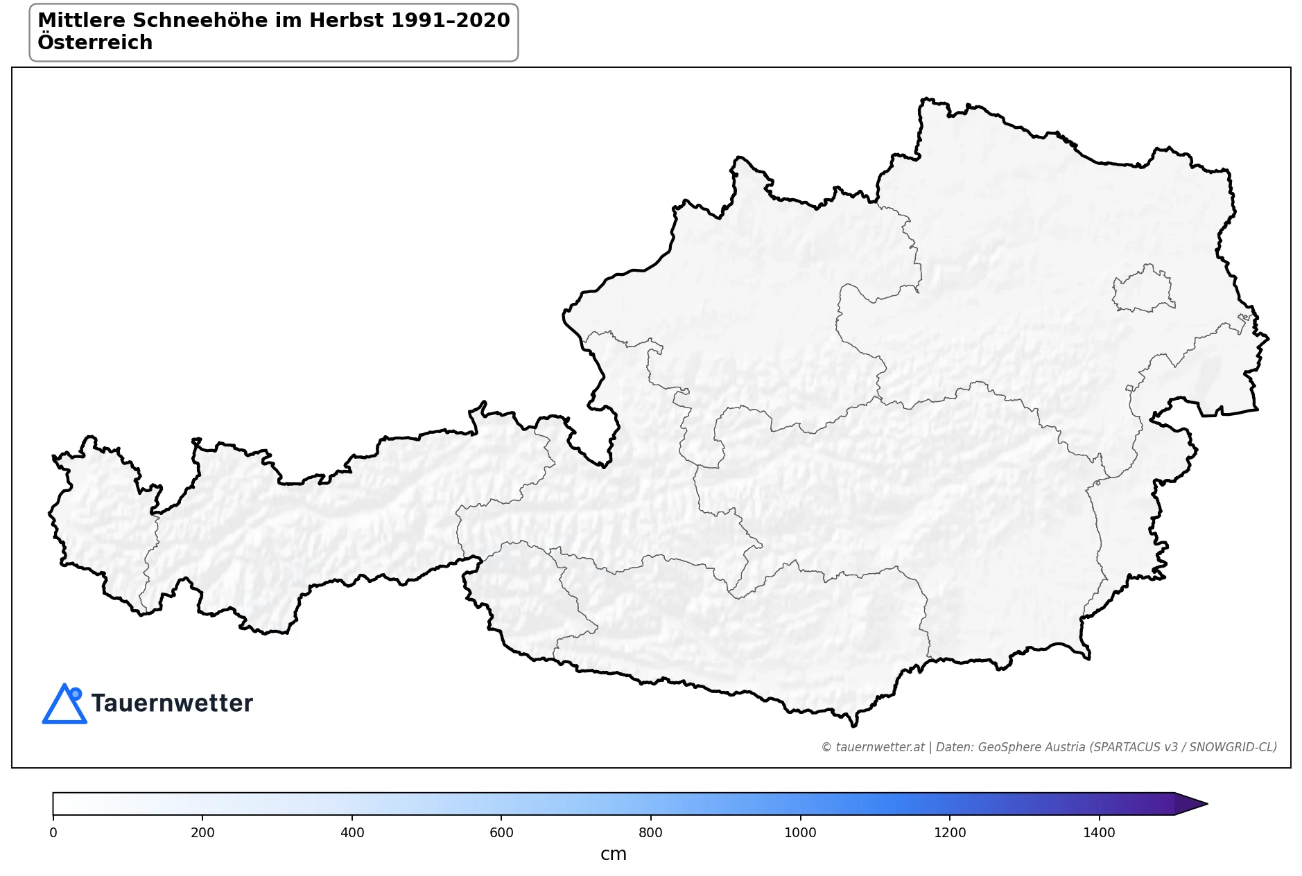 Klimakarte Mittlere Schneehöhe (Saisonmittel), Herbst (SON) 1991–2020 in Österreich