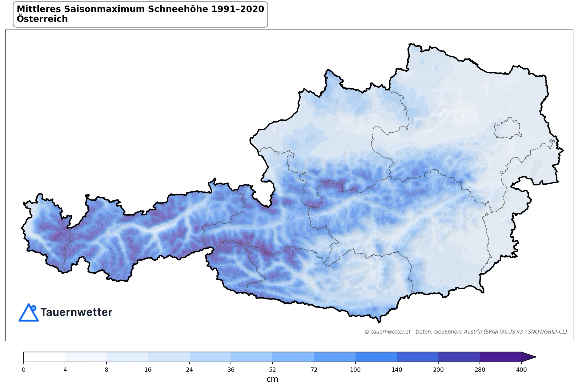 Klimakarte Saisonmaximum Schneehöhe, Jahr 1991–2020 in Österreich