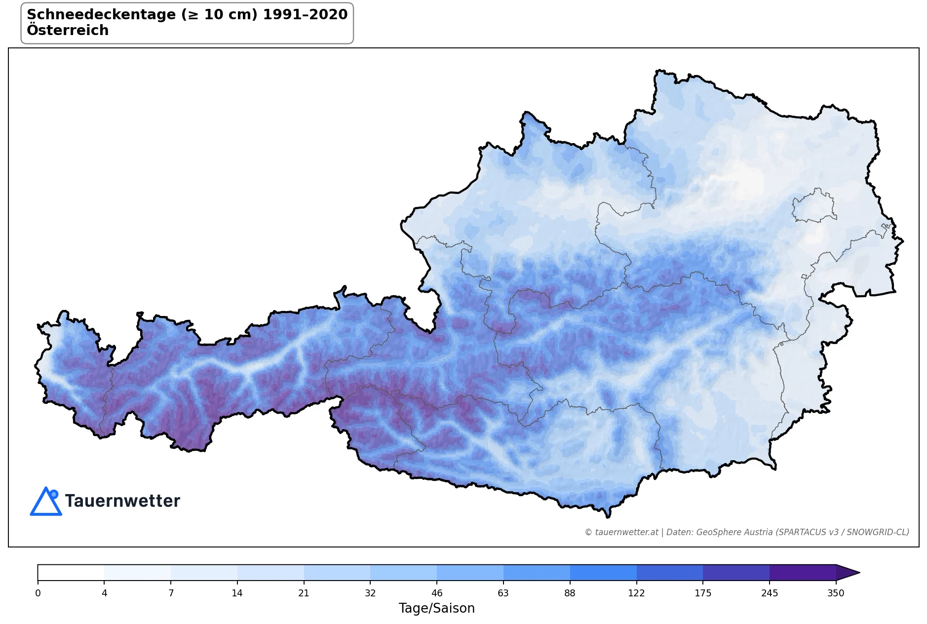 Klimakarte Schneedeckentage (≥ 10 cm), Jahr 1991–2020 in Österreich