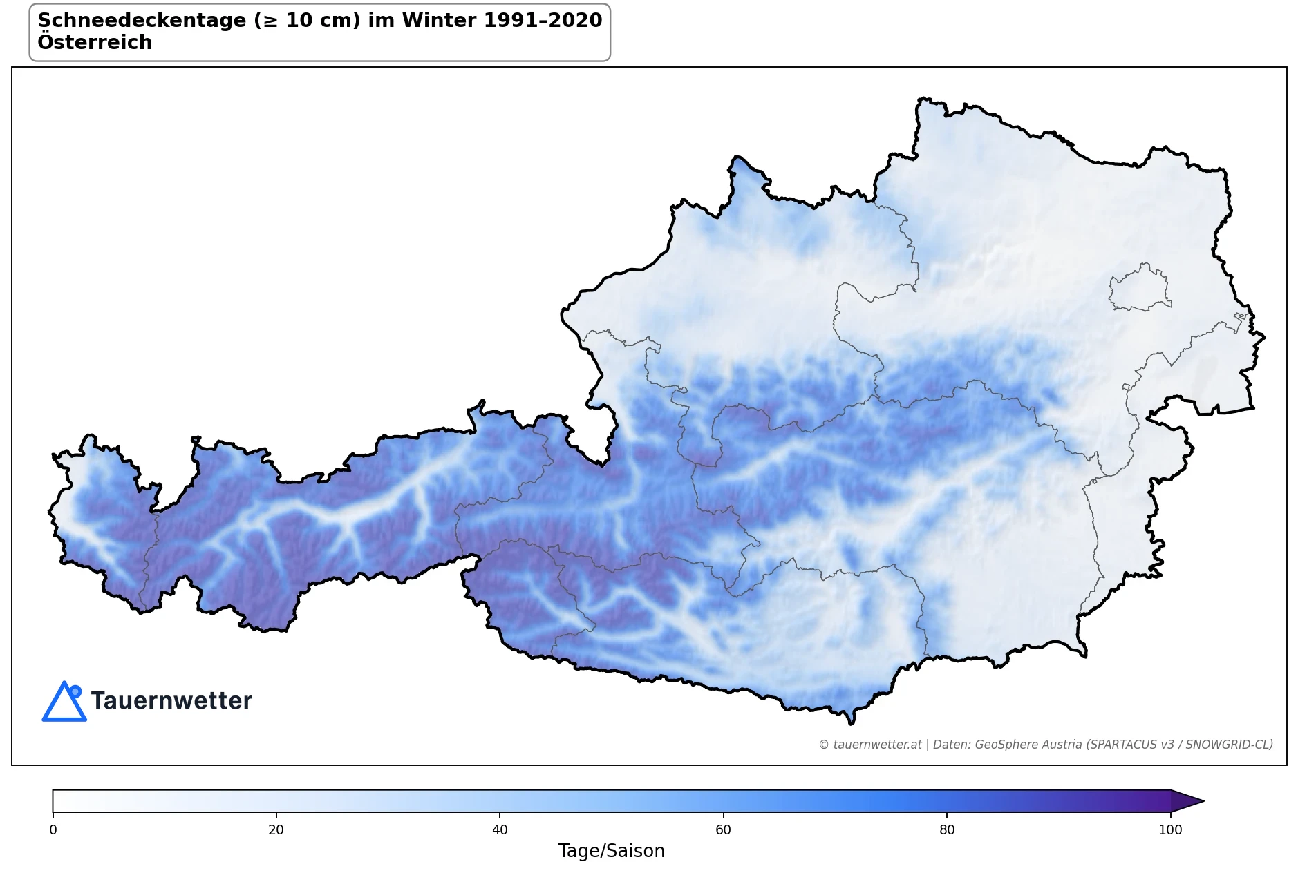 Klimakarte Schneedeckentage (≥ 10 cm), Winter (DJF) 1991–2020 in Österreich