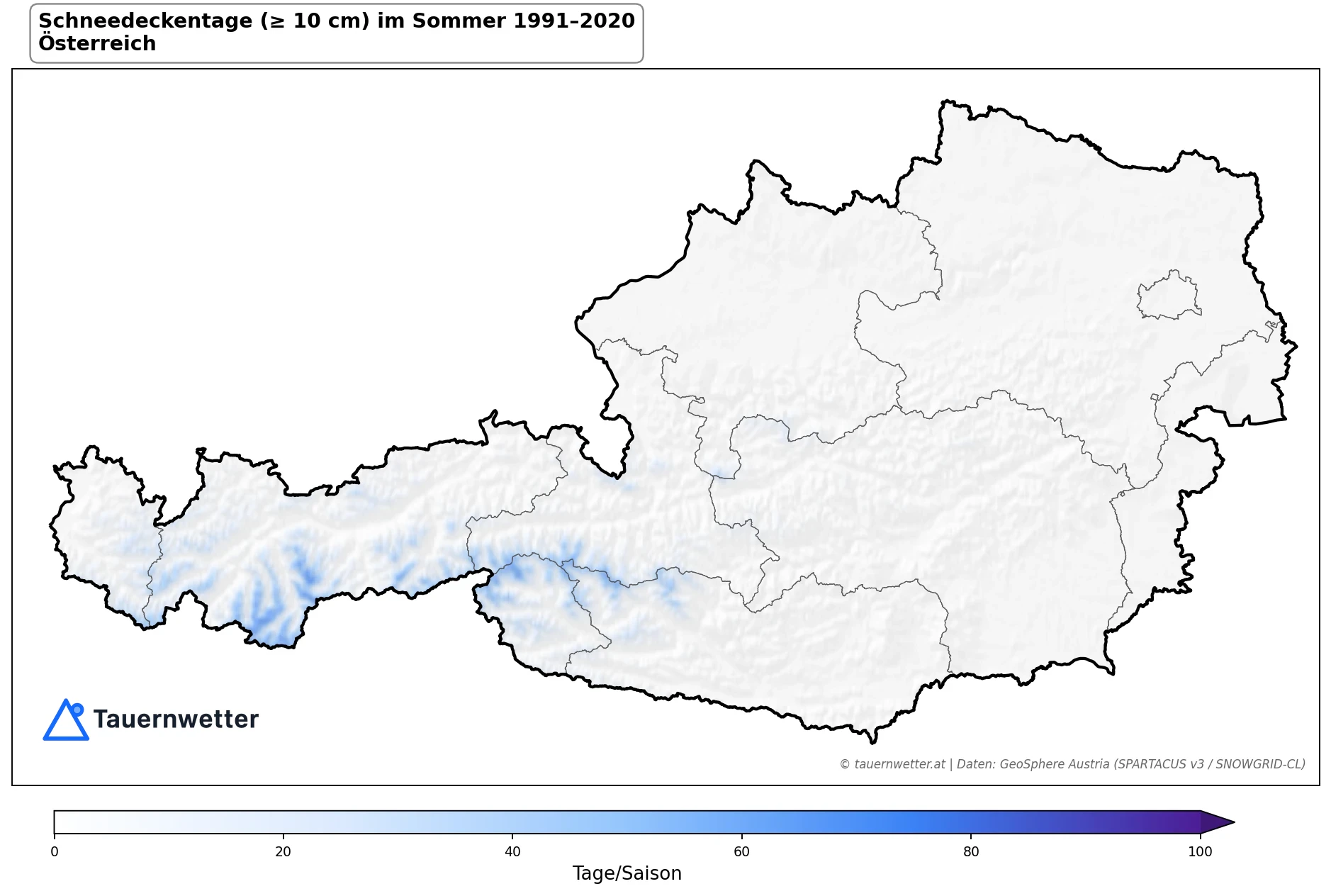 Klimakarte Schneedeckentage (≥ 10 cm), Sommer (JJA) 1991–2020 in Österreich