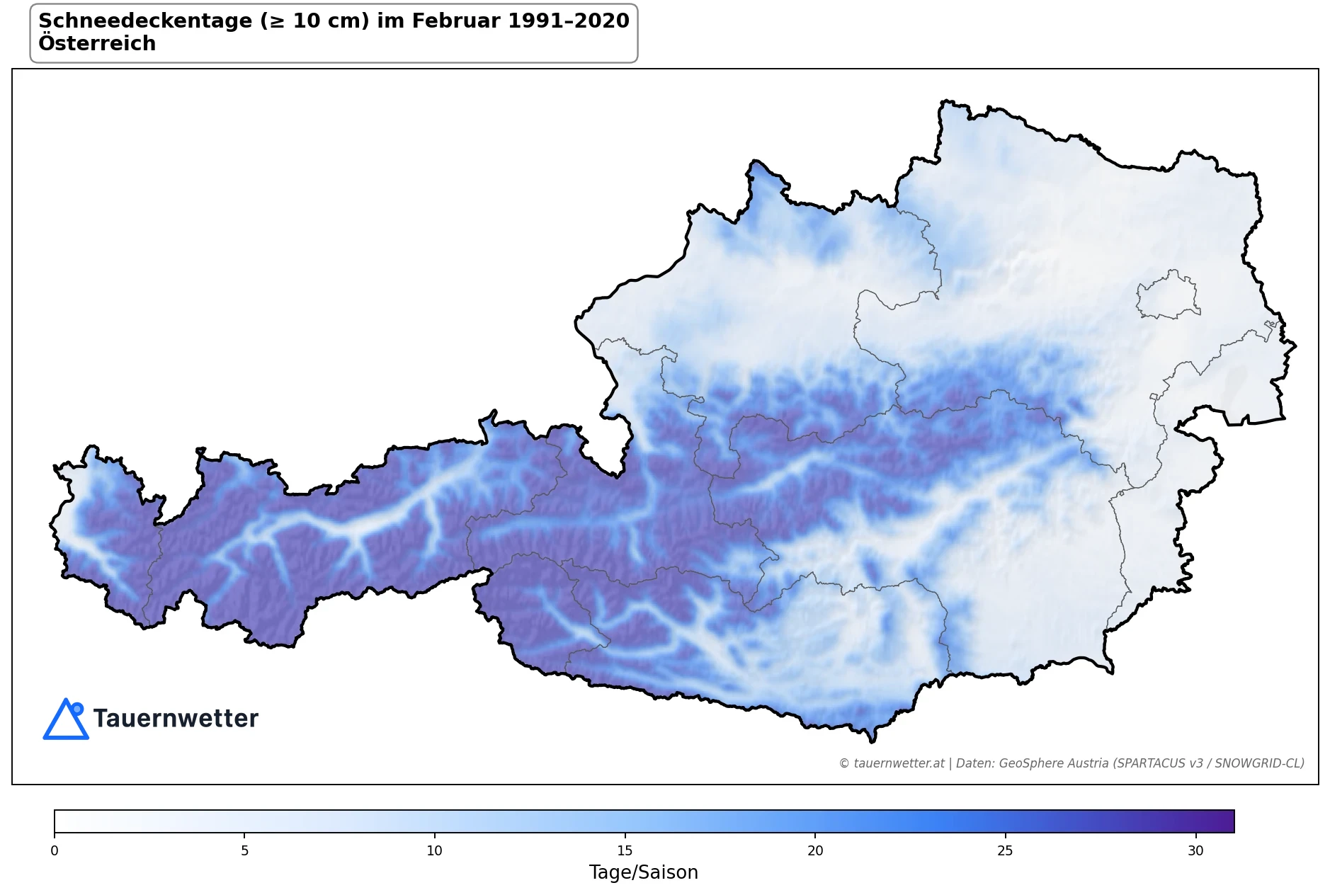 Klimakarte Schneedeckentage (≥ 10 cm), Februar 1991–2020 in Österreich