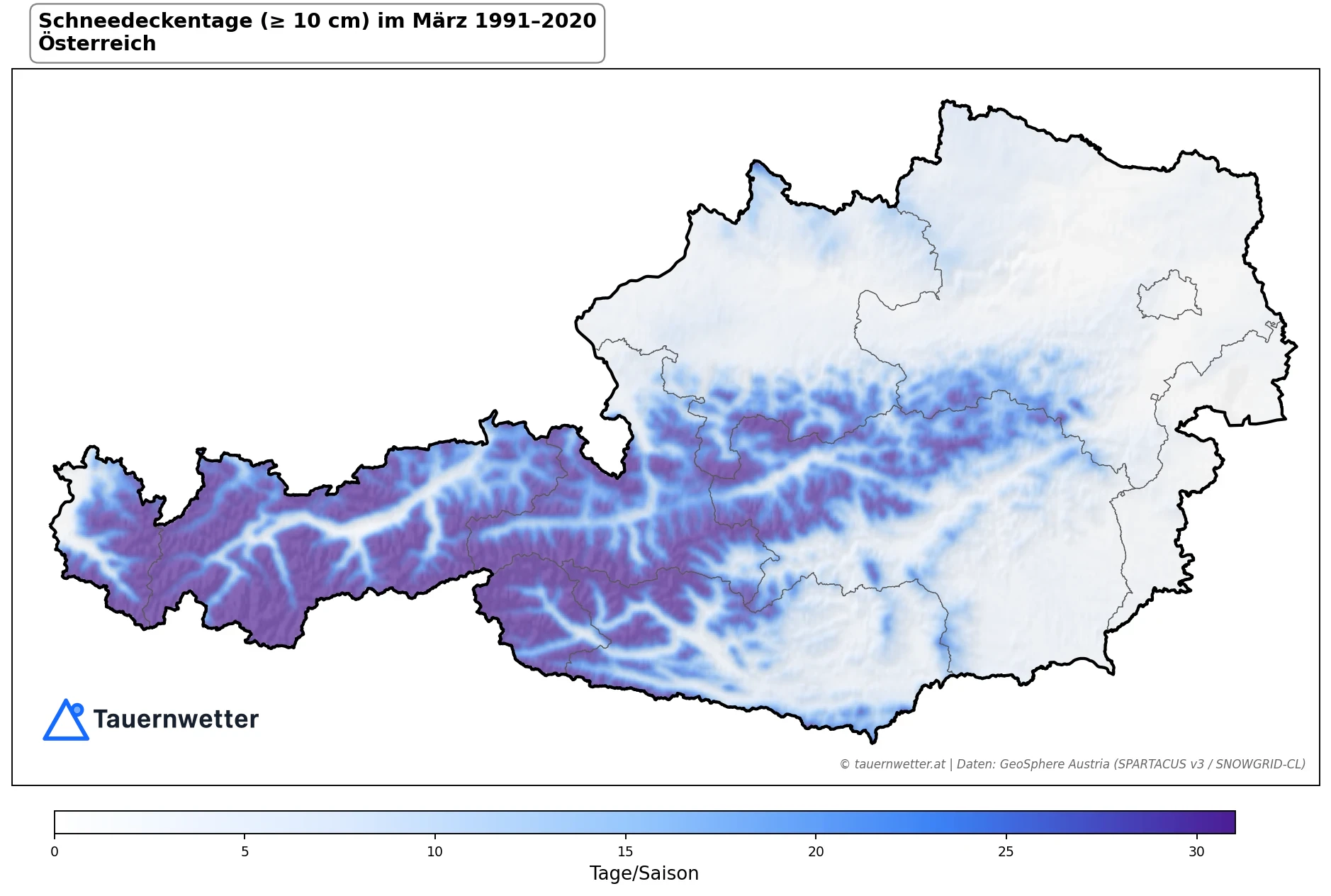 Klimakarte Schneedeckentage (≥ 10 cm), März 1991–2020 in Österreich