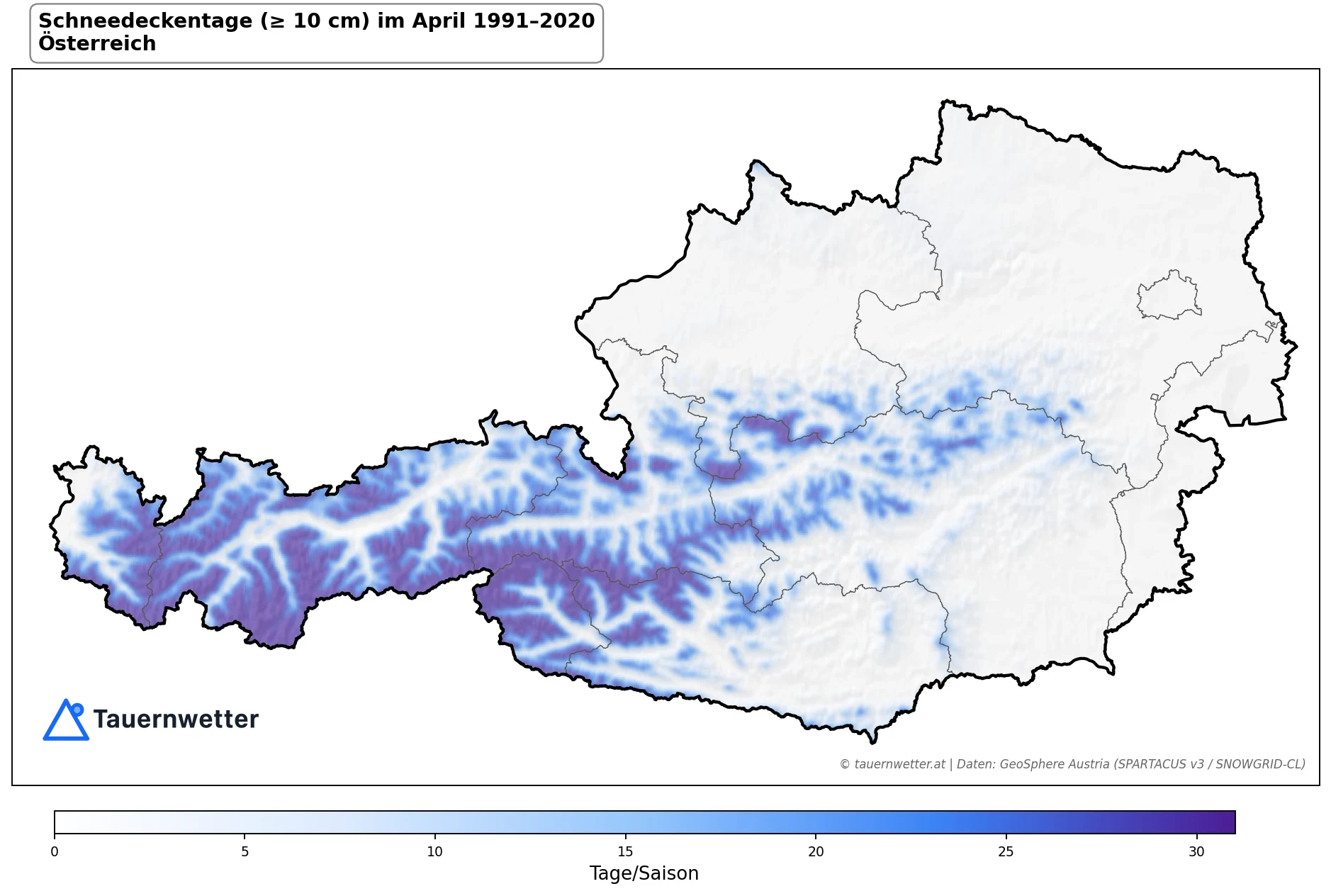 Klimakarte Schneedeckentage (≥ 10 cm), April 1991–2020 in Österreich