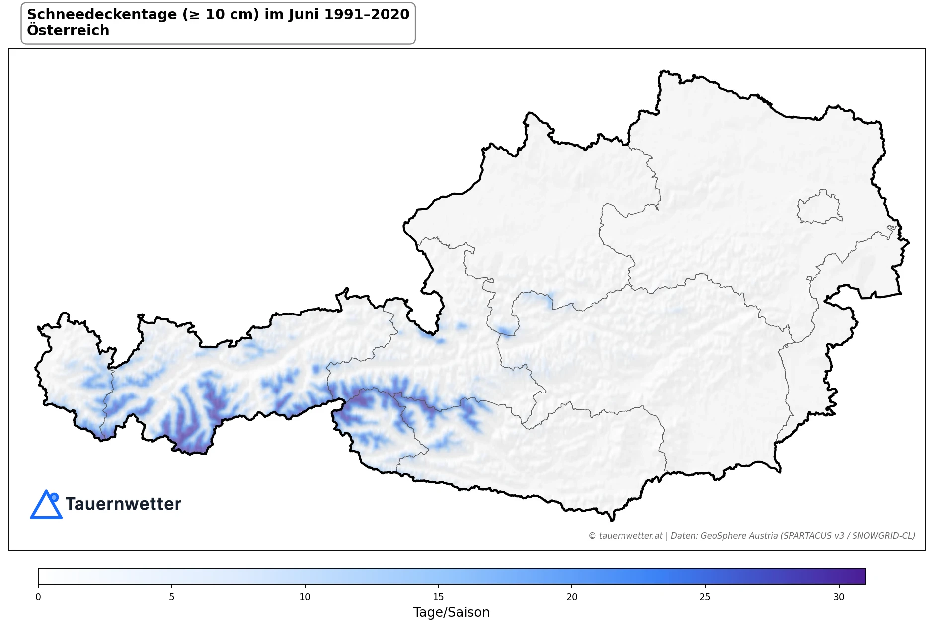 Klimakarte Schneedeckentage (≥ 10 cm), Juni 1991–2020 in Österreich