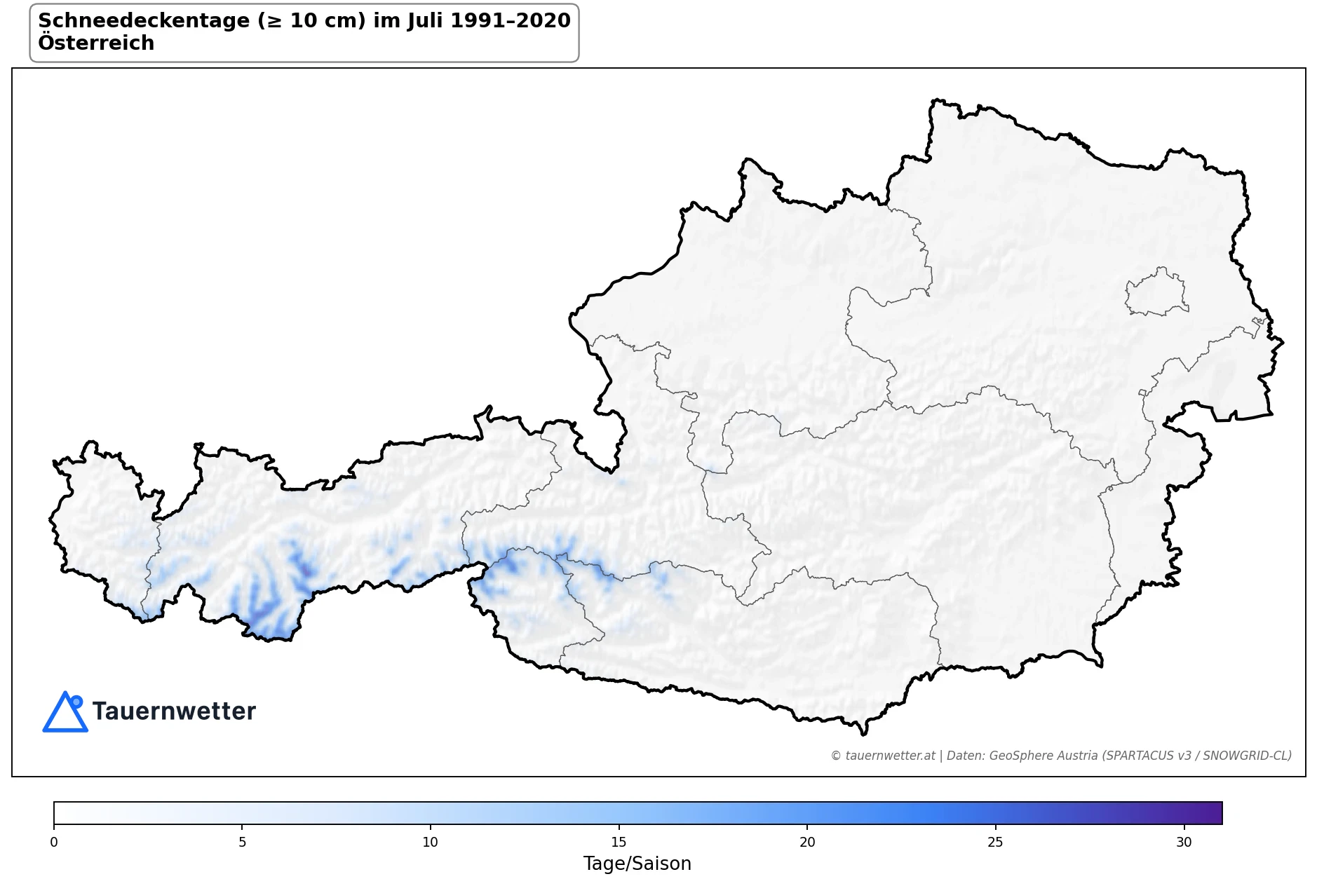 Klimakarte Schneedeckentage (≥ 10 cm), Juli 1991–2020 in Österreich