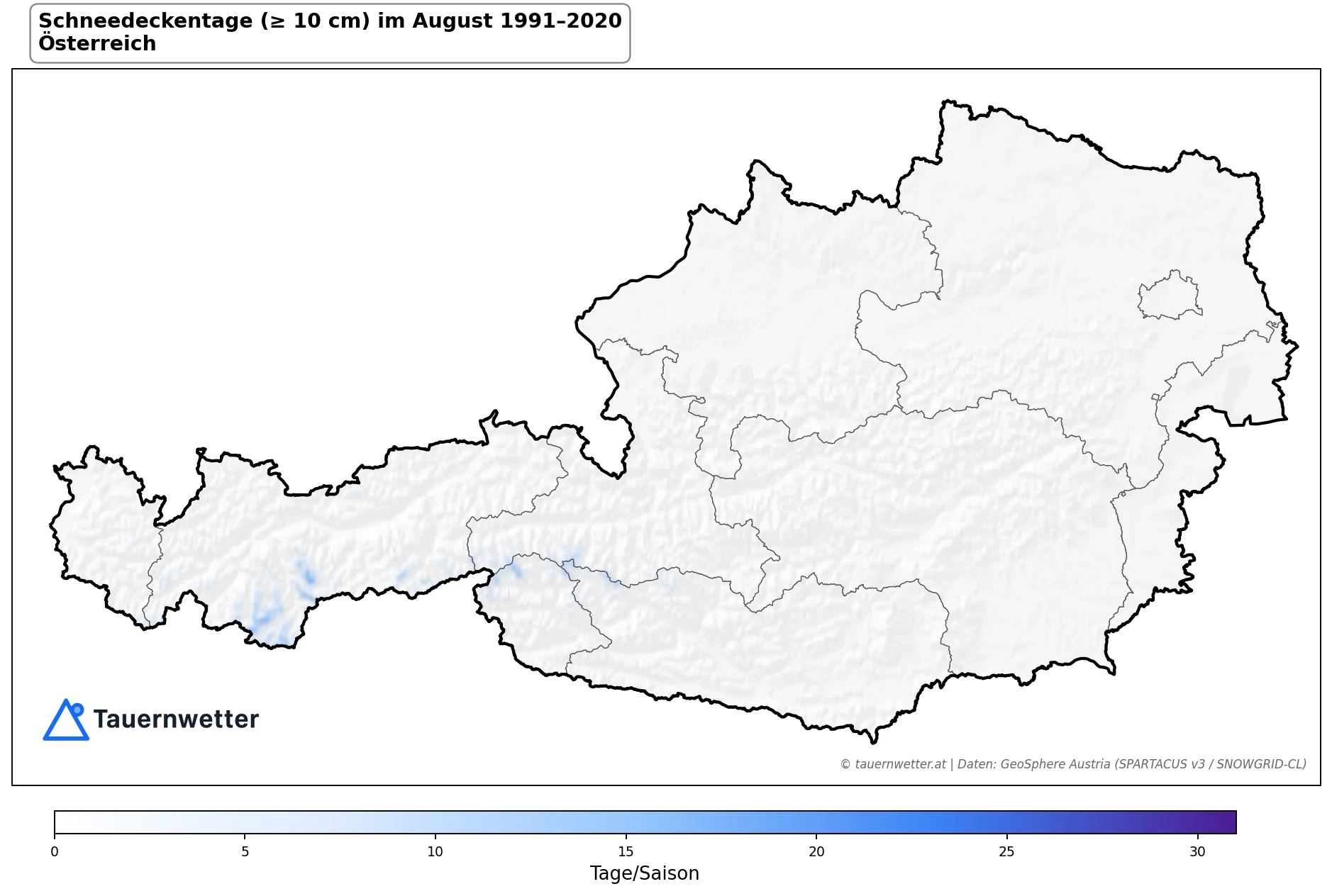 Klimakarte Schneedeckentage (≥ 10 cm), August 1991–2020 in Österreich