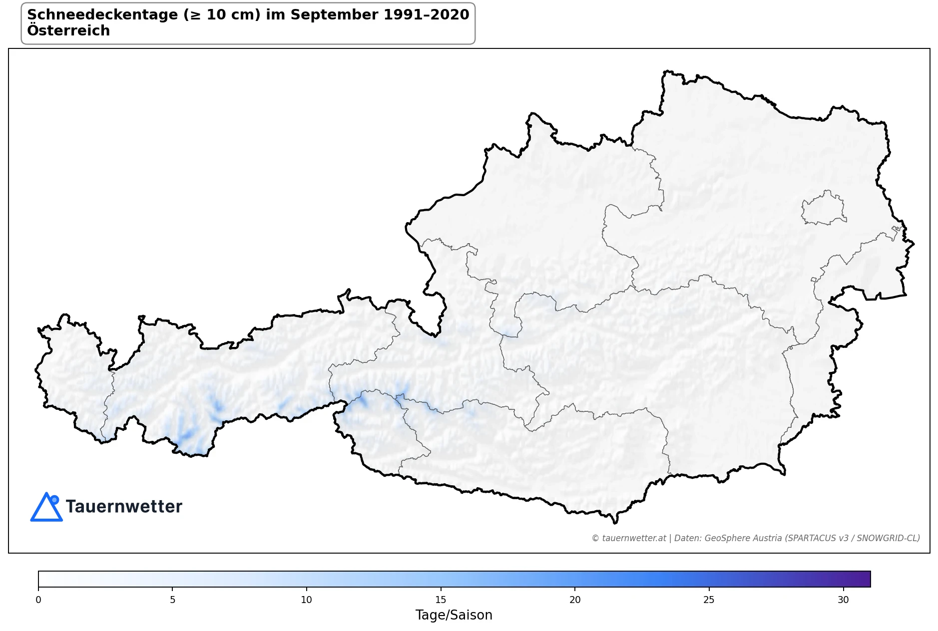 Klimakarte Schneedeckentage (≥ 10 cm), September 1991–2020 in Österreich