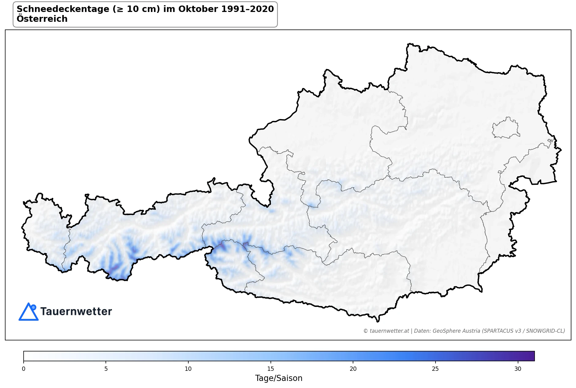 Klimakarte Schneedeckentage (≥ 10 cm), Oktober 1991–2020 in Österreich