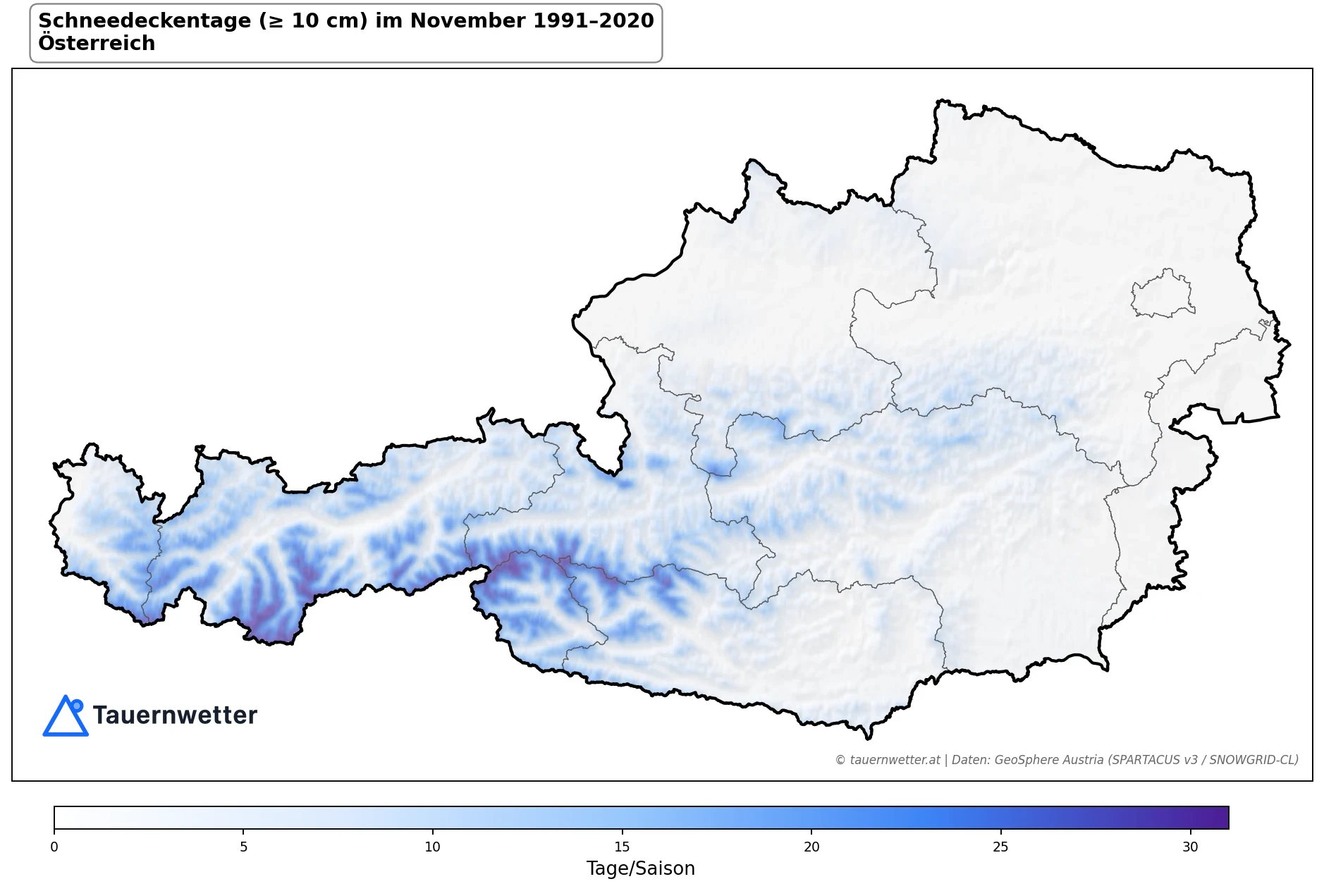 Klimakarte Schneedeckentage (≥ 10 cm), November 1991–2020 in Österreich