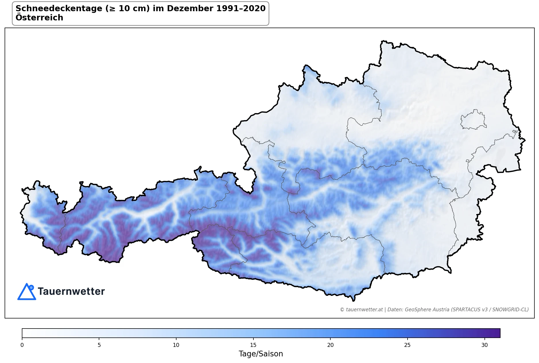 Klimakarte Schneedeckentage (≥ 10 cm), Dezember 1991–2020 in Österreich