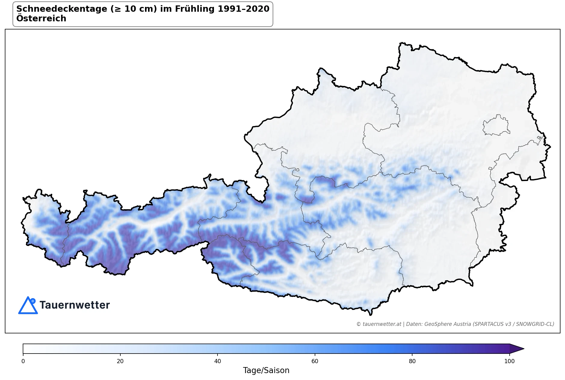 Klimakarte Schneedeckentage (≥ 10 cm), Frühling (MAM) 1991–2020 in Österreich