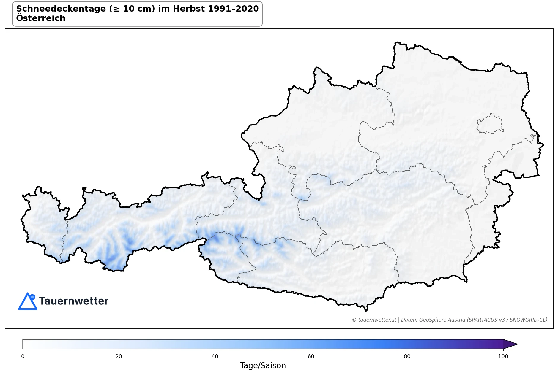 Klimakarte Schneedeckentage (≥ 10 cm), Herbst (SON) 1991–2020 in Österreich