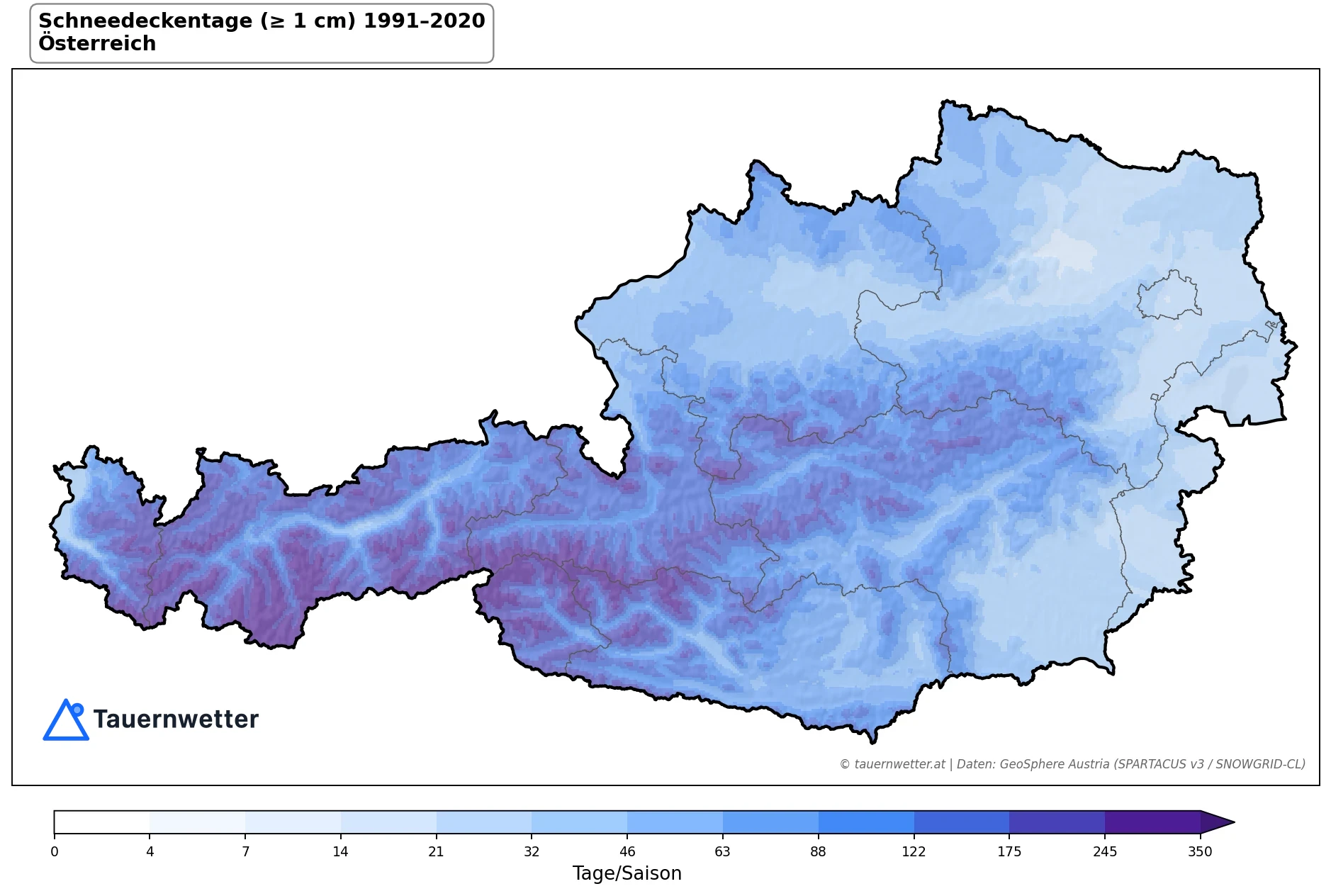Klimakarte Tage mit Schneedecke (≥ 1 cm), Jahr 1991–2020 in Österreich