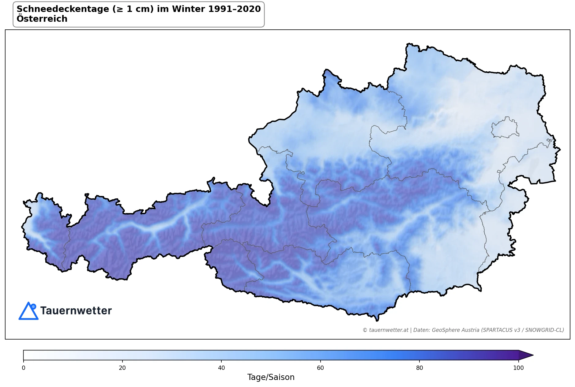 Klimakarte Tage mit Schneedecke (≥ 1 cm), Winter (DJF) 1991–2020 in Österreich