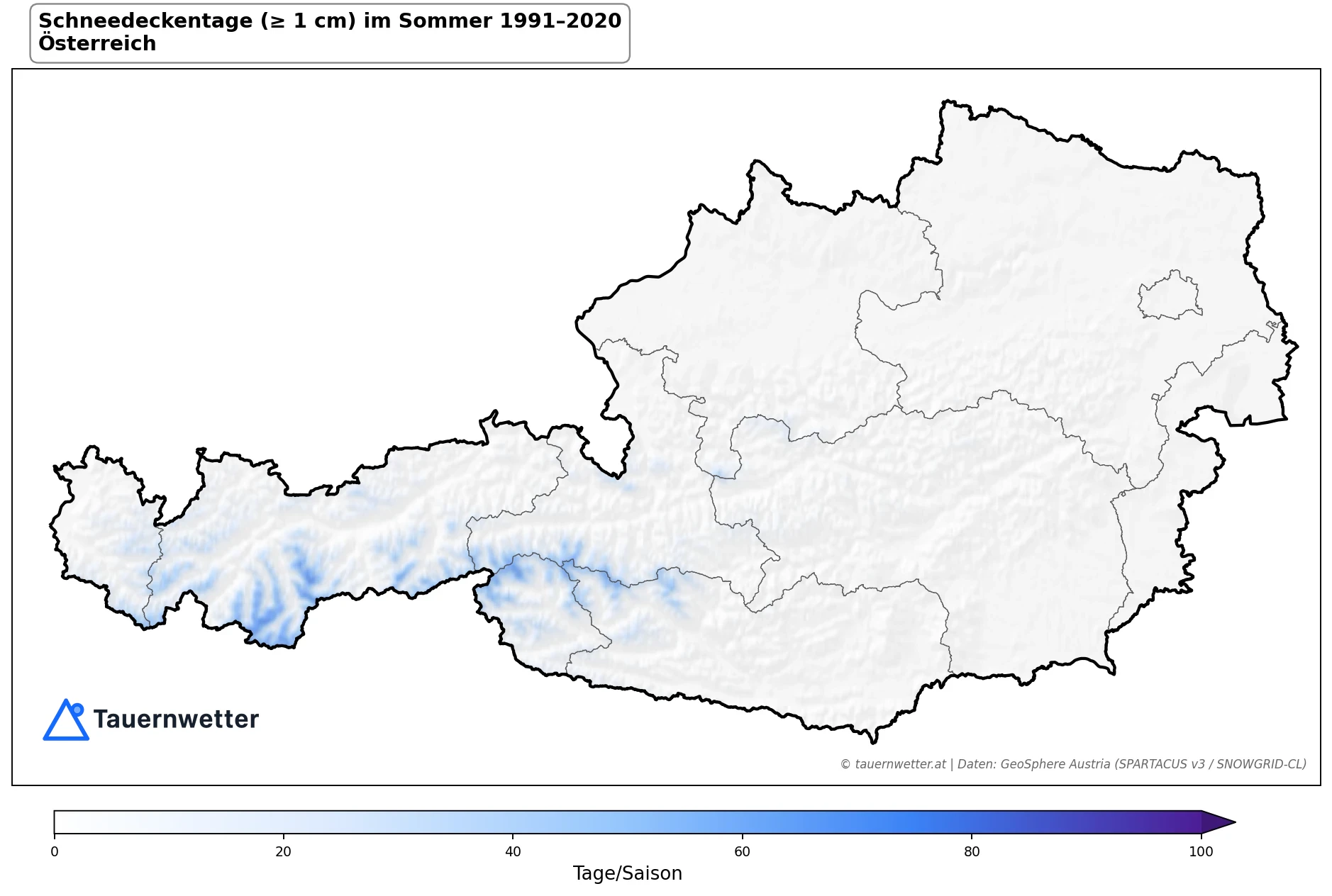 Klimakarte Tage mit Schneedecke (≥ 1 cm), Sommer (JJA) 1991–2020 in Österreich