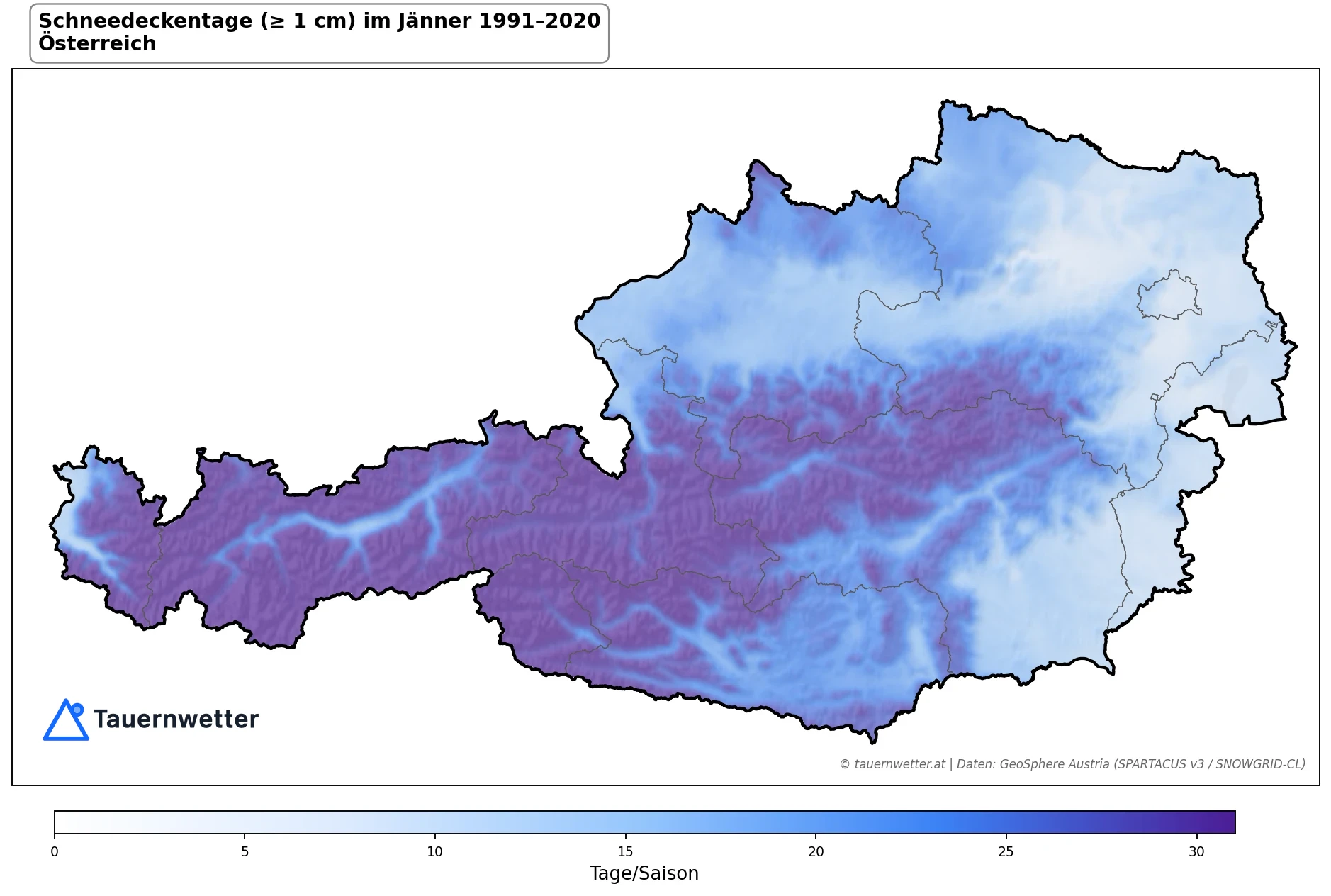 Klimakarte Tage mit Schneedecke (≥ 1 cm), Jänner 1991–2020 in Österreich