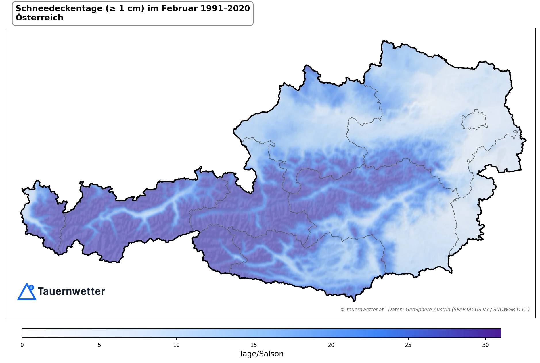 Klimakarte Tage mit Schneedecke (≥ 1 cm), Februar 1991–2020 in Österreich