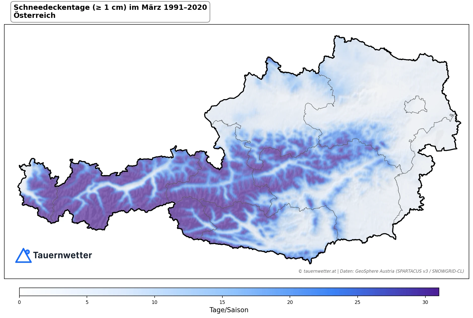 Klimakarte Tage mit Schneedecke (≥ 1 cm), März 1991–2020 in Österreich