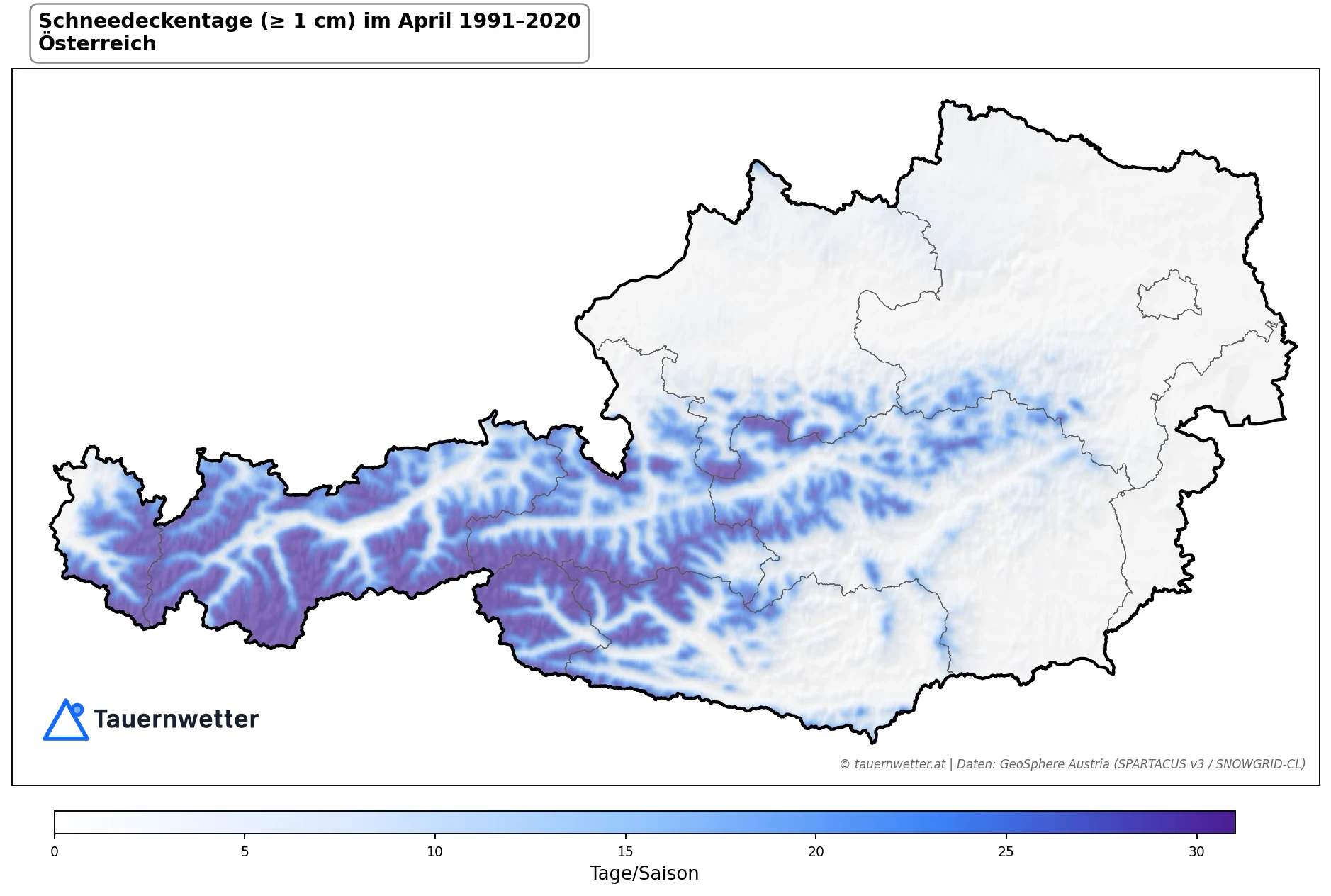 Klimakarte Tage mit Schneedecke (≥ 1 cm), April 1991–2020 in Österreich