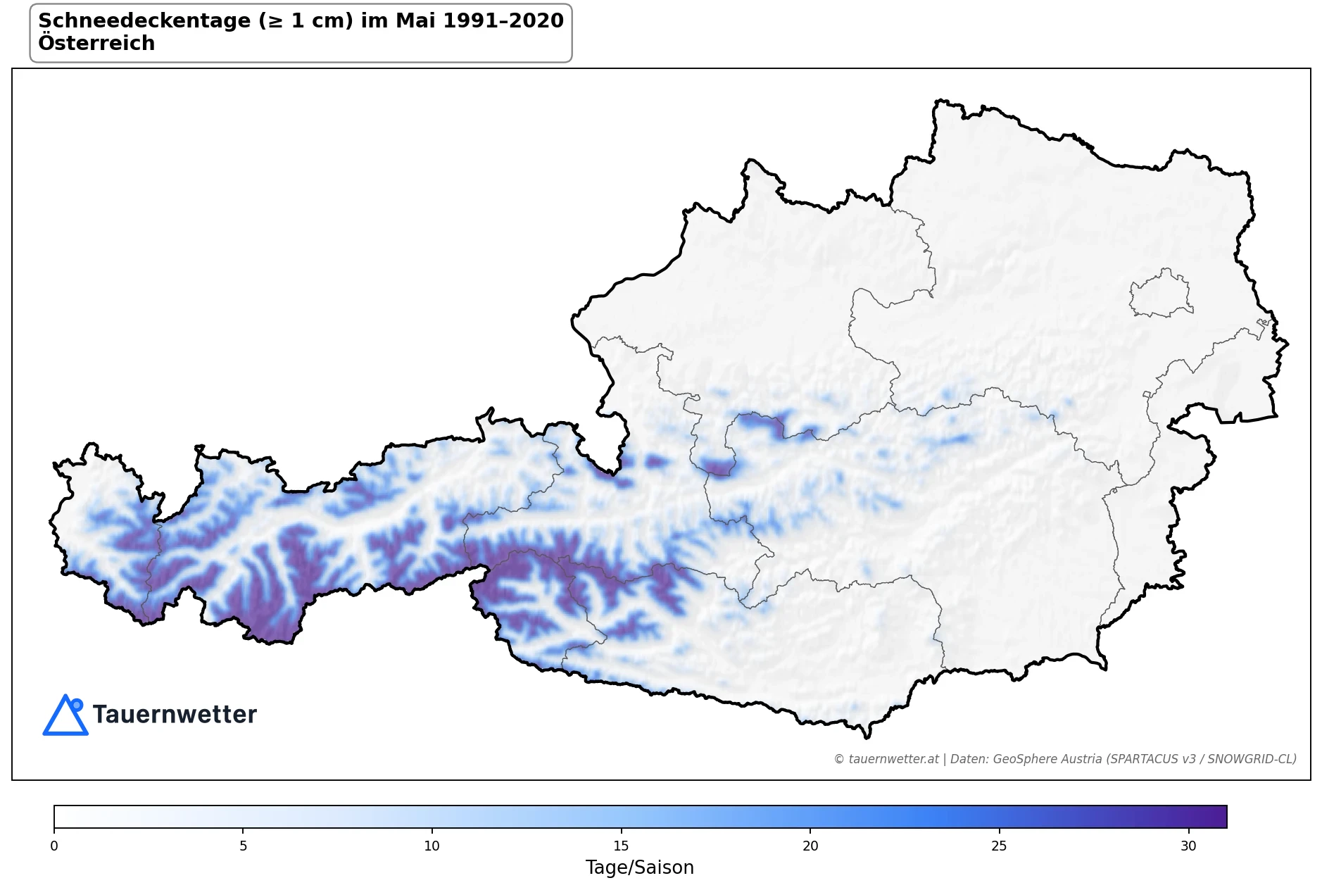 Klimakarte Tage mit Schneedecke (≥ 1 cm), Mai 1991–2020 in Österreich