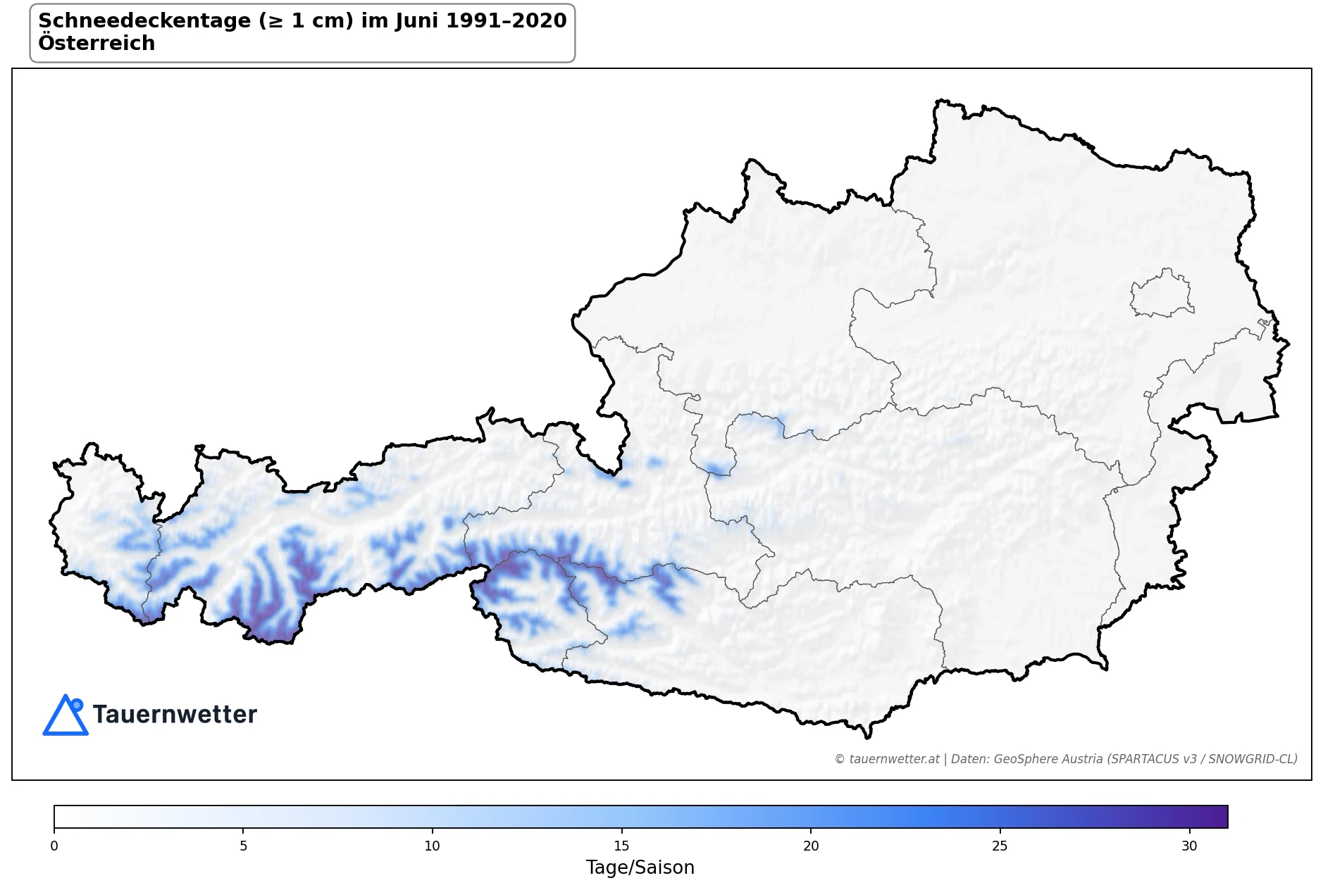 Klimakarte Tage mit Schneedecke (≥ 1 cm), Juni 1991–2020 in Österreich