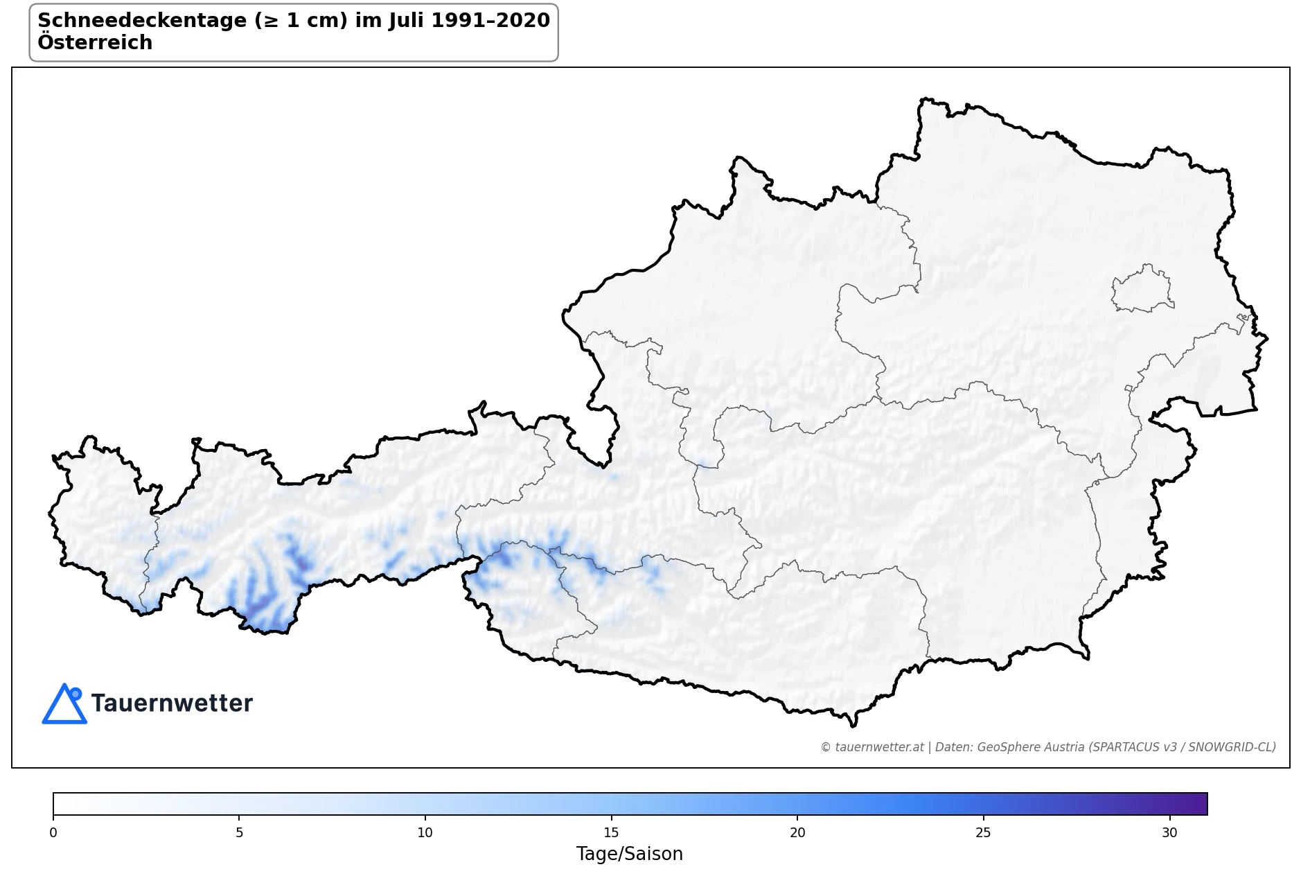 Klimakarte Tage mit Schneedecke (≥ 1 cm), Juli 1991–2020 in Österreich