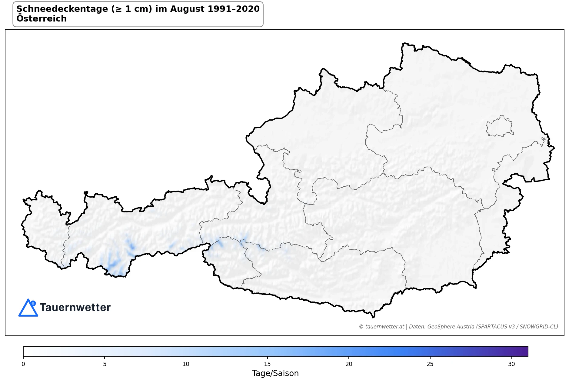 Klimakarte Tage mit Schneedecke (≥ 1 cm), August 1991–2020 in Österreich