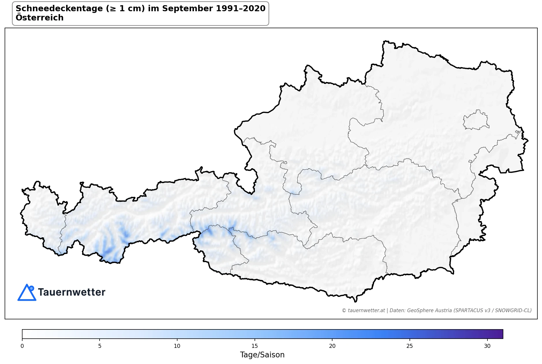 Klimakarte Tage mit Schneedecke (≥ 1 cm), September 1991–2020 in Österreich